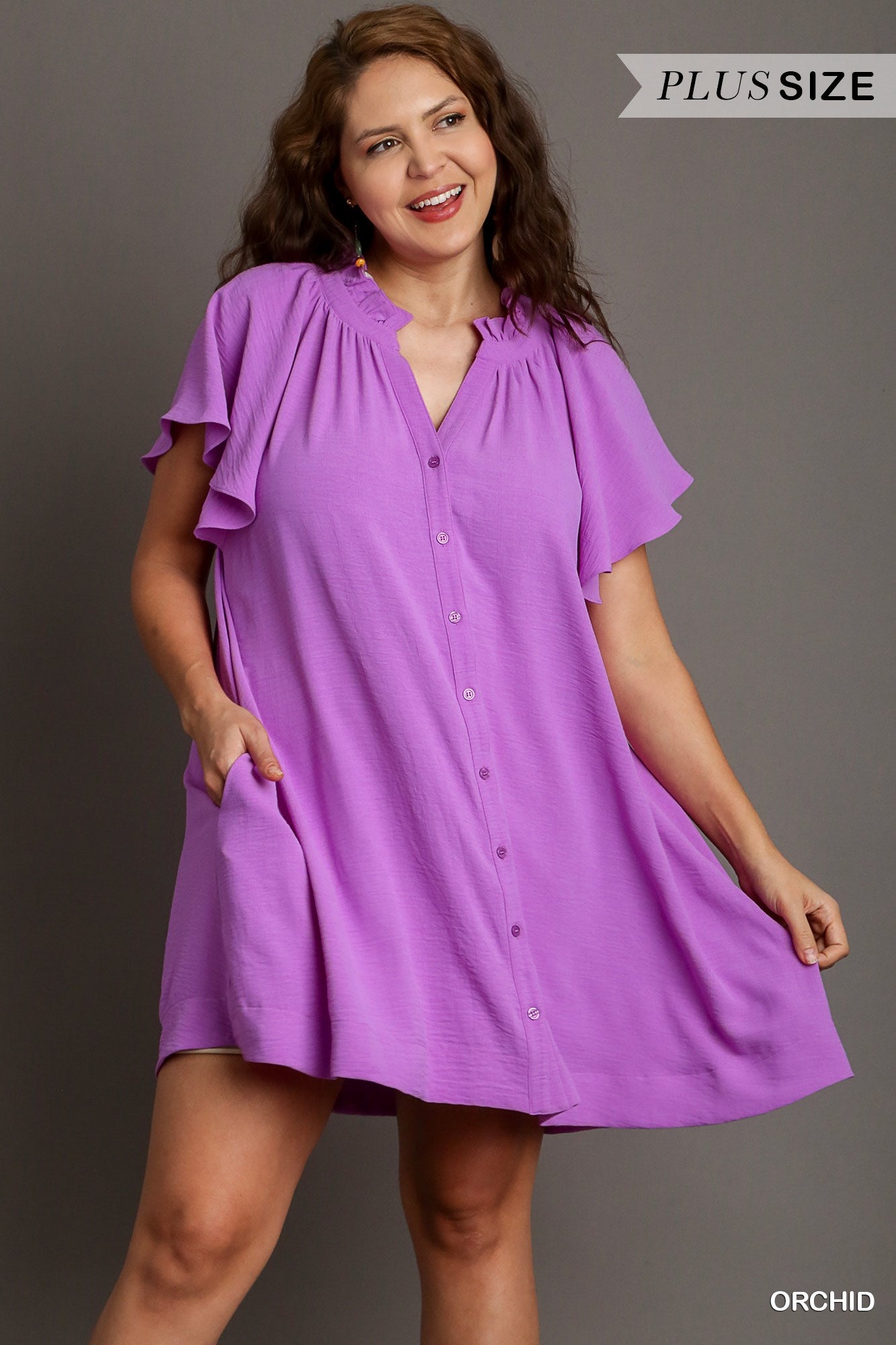 Umgee Plus Button Down Ruffle V-Notched Flowy Sleeves Side Pockets Dress