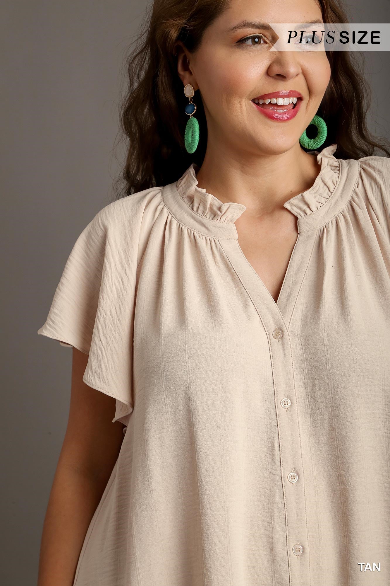 Umgee Plus Button Down Ruffle V-Notched Flowy Sleeves Side Pockets Dress