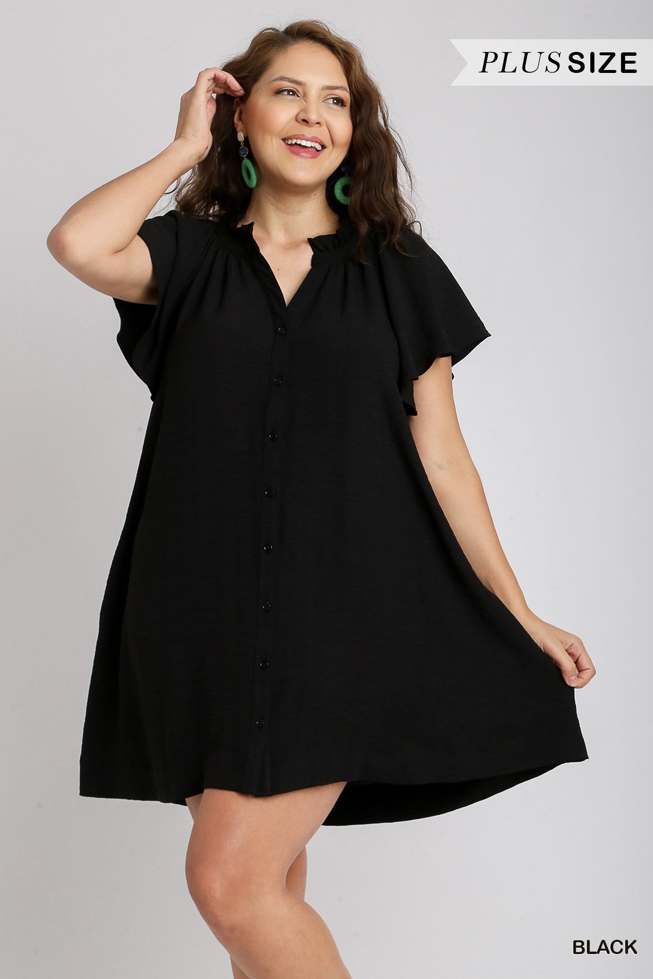 Umgee Plus Button Down Ruffle V-Notched Flowy Sleeves Side Pockets Dress