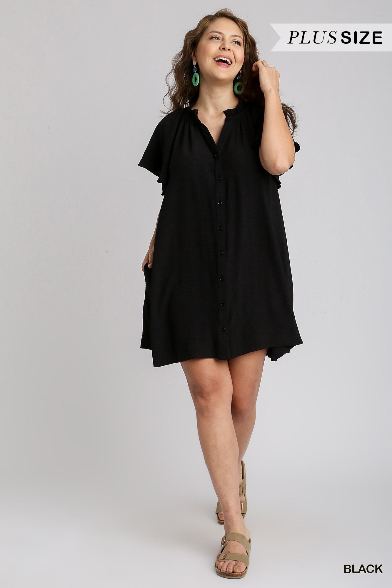 Umgee Plus Button Down Ruffle V-Notched Flowy Sleeves Side Pockets Dress