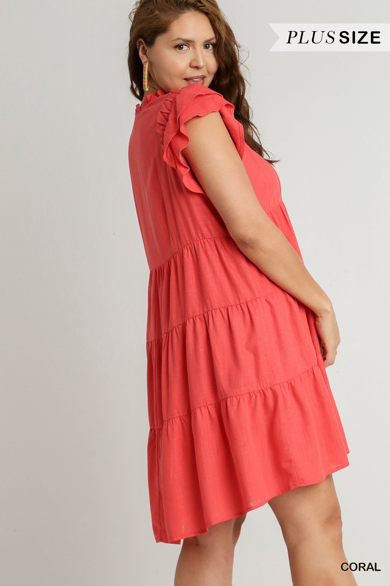 Umgee Plus Linen A-Line Tie Front Shoulder Shirring Mini Dress