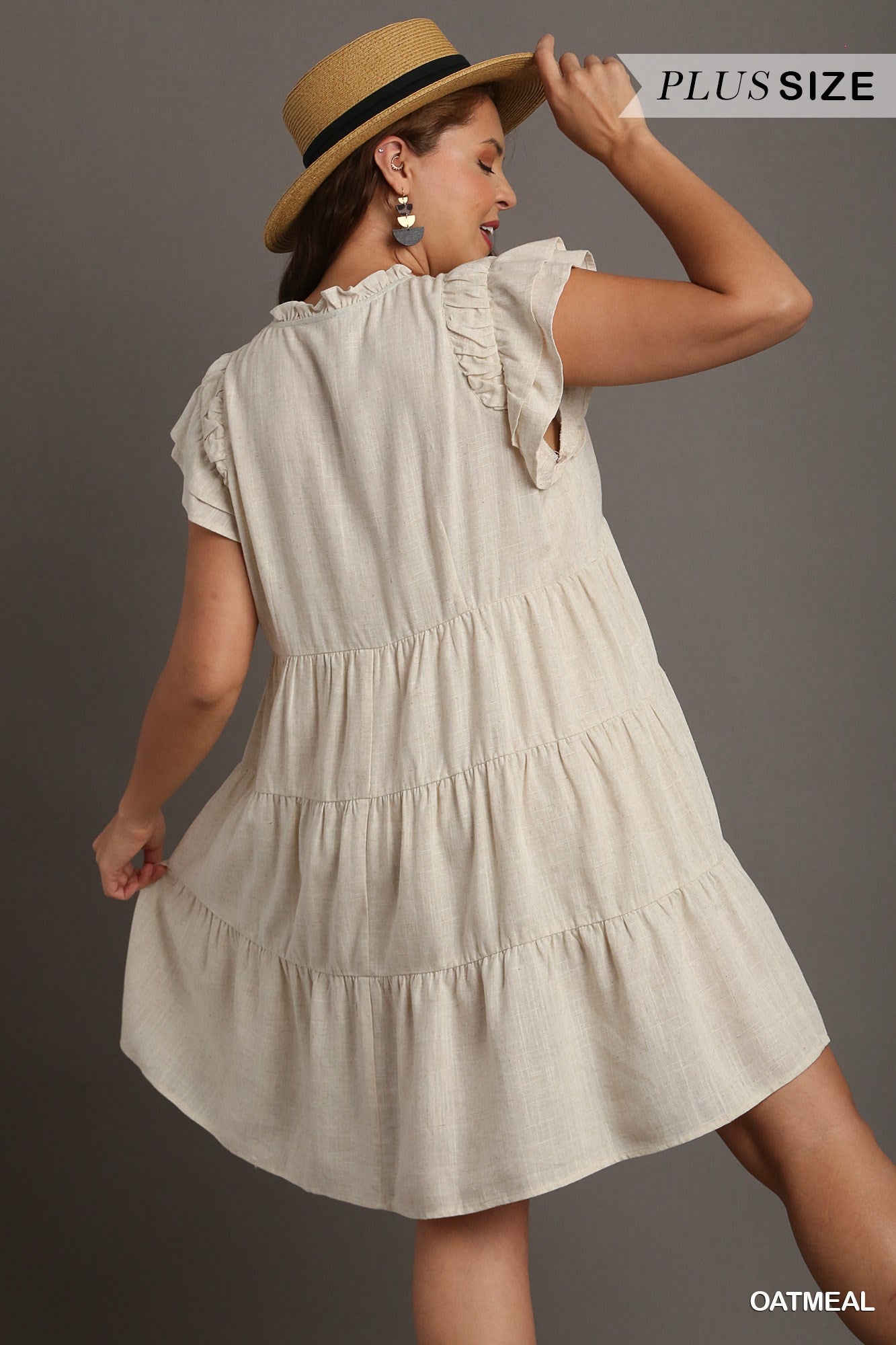 Umgee Plus Linen A-Line Tie Front Shoulder Shirring Mini Dress