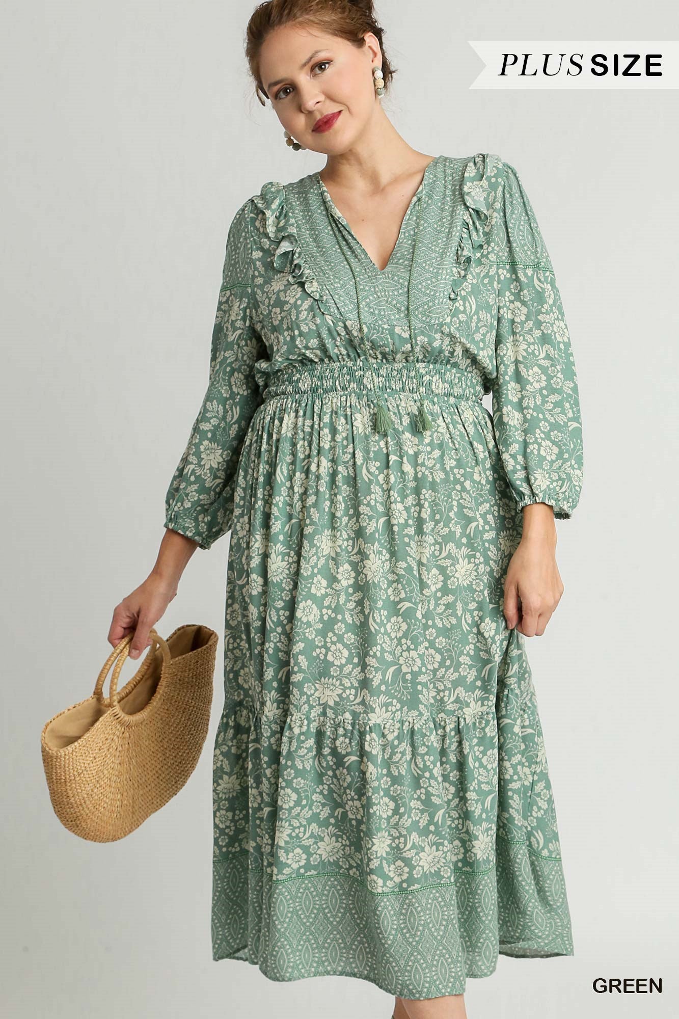 Umgee Plus Boarder Print A-Line Split Neck Front Tie Maxi Ruffle Dress