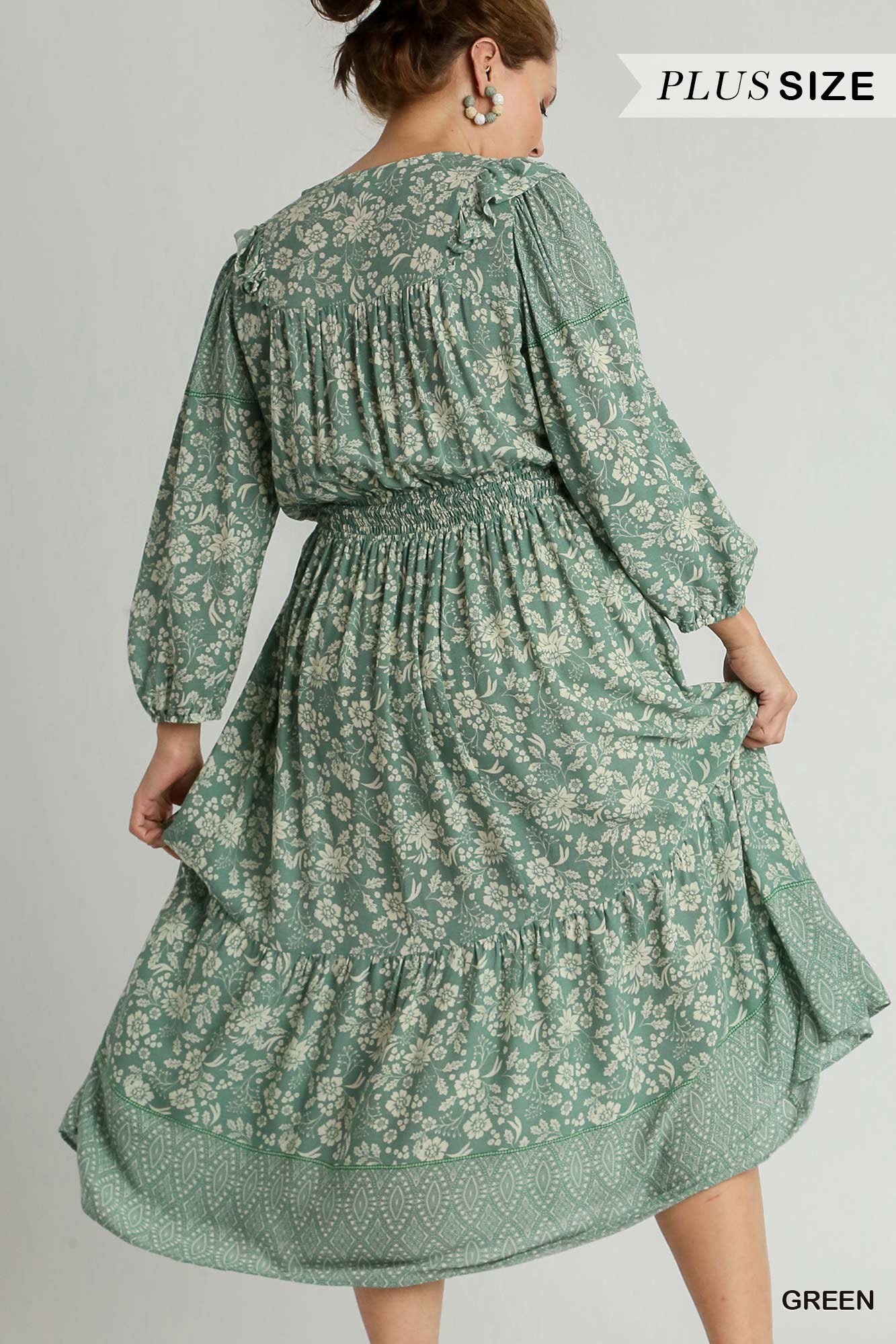 Umgee Plus Boarder Print A-Line Split Neck Front Tie Maxi Ruffle Dress