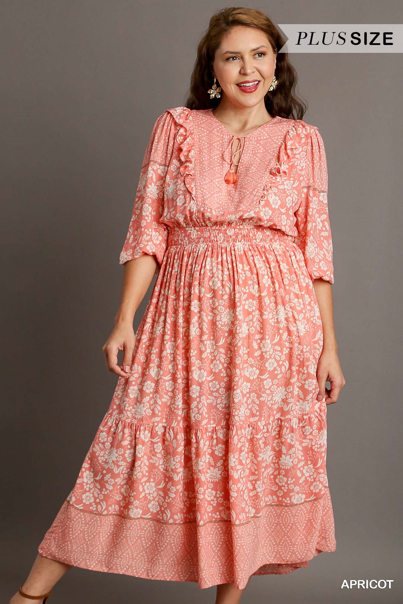 Umgee Plus Boarder Print A-Line Split Neck Front Tie Maxi Ruffle Dress