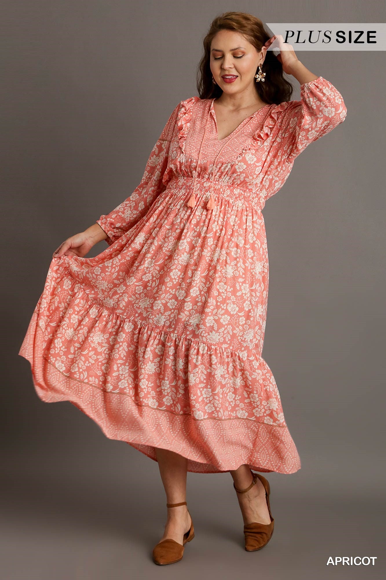 Umgee Plus Boarder Print A-Line Split Neck Front Tie Maxi Ruffle Dress