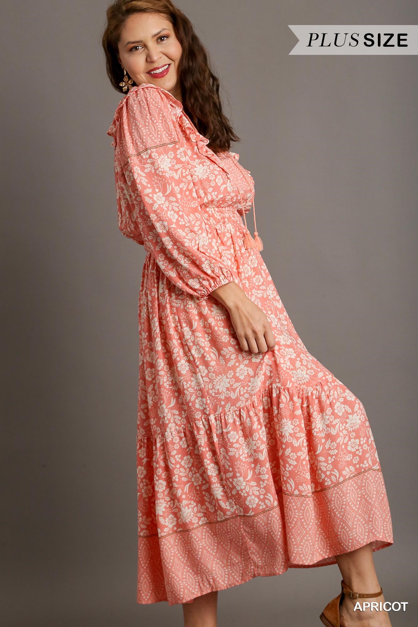 Umgee Plus Boarder Print A-Line Split Neck Front Tie Maxi Ruffle Dress