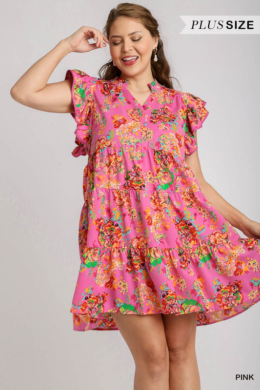 Umgee Plus Floral Print A-Line Tiered Double Flutter Sleeves Short Dress