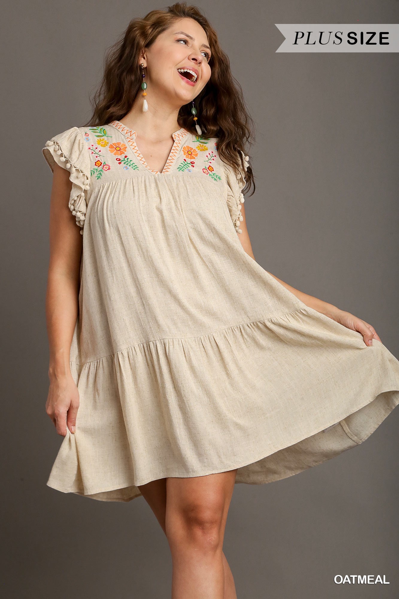 Umgee Plus Linen A-Line Split Neck Embroidery Short Ruffle Sleeves Dress