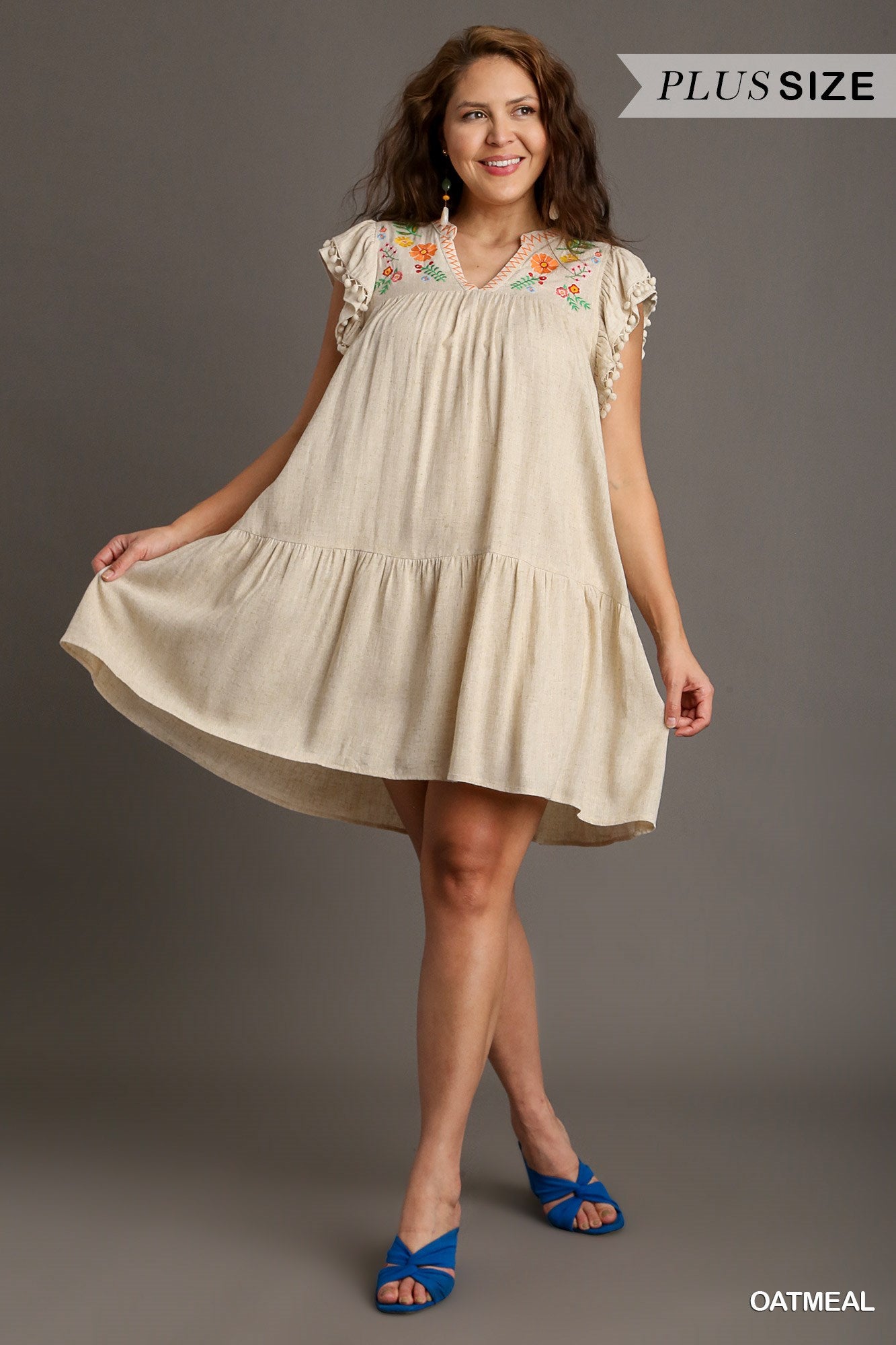 Umgee Plus Linen A-Line Split Neck Embroidery Short Ruffle Sleeves Dress