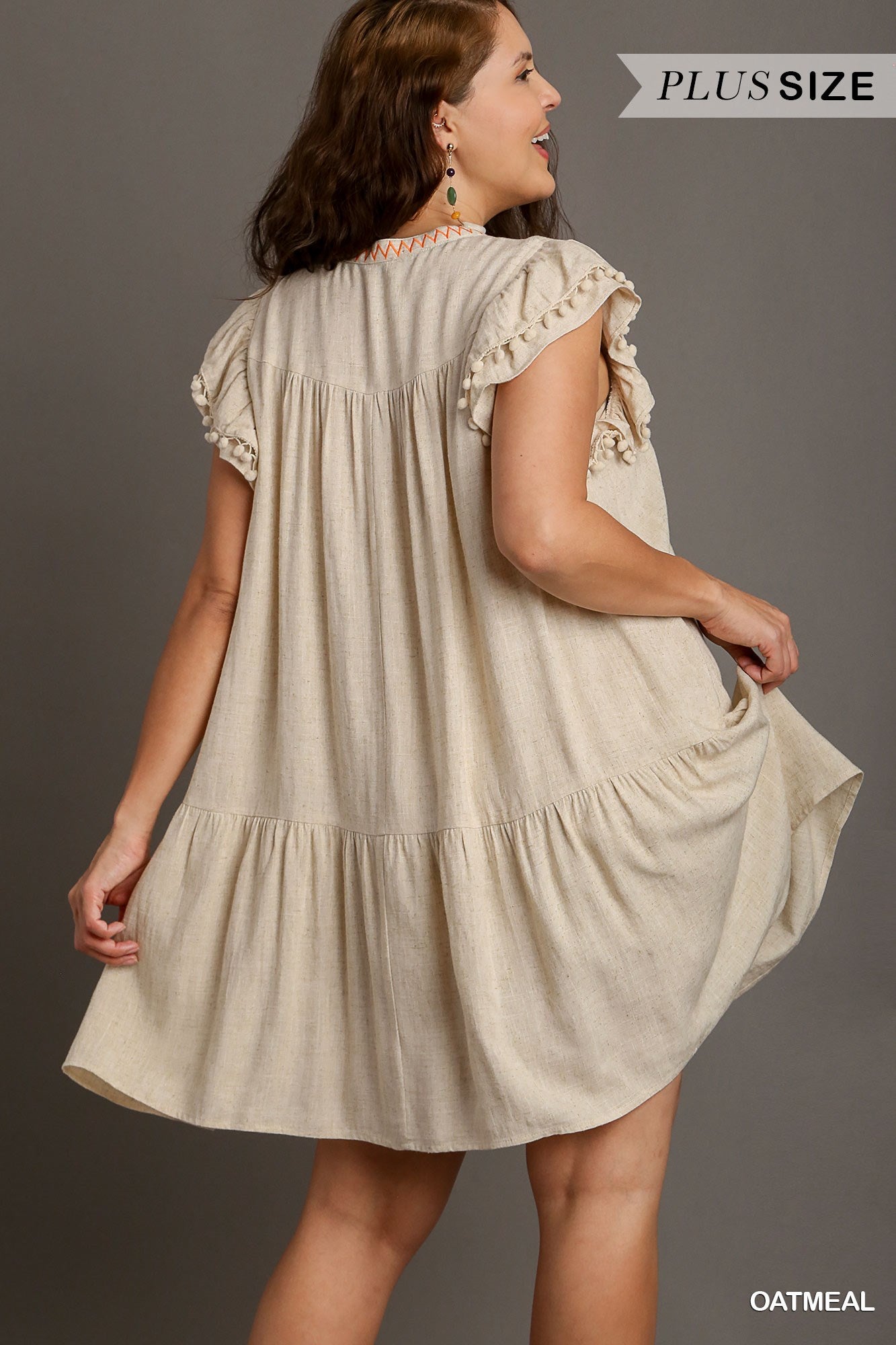 Umgee Plus Linen A-Line Split Neck Embroidery Short Ruffle Sleeves Dress