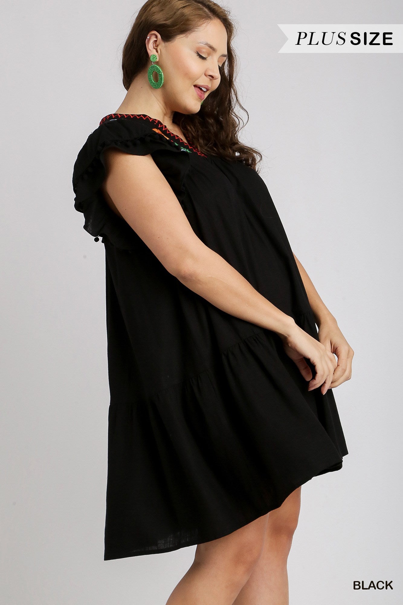 Umgee Plus Linen A-Line Split Neck Embroidery Short Ruffle Sleeves Dress