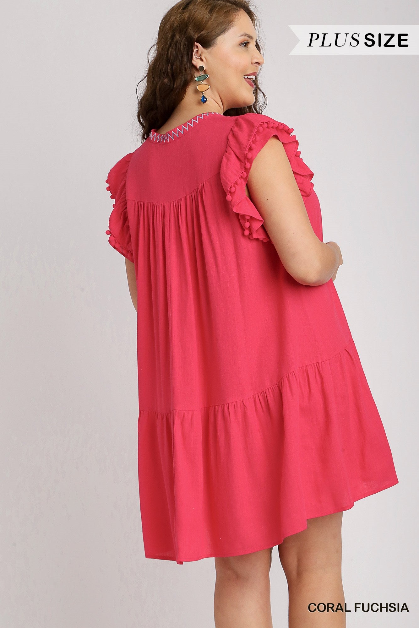 Umgee Plus Linen A-Line Split Neck Embroidery Short Ruffle Sleeves Dress