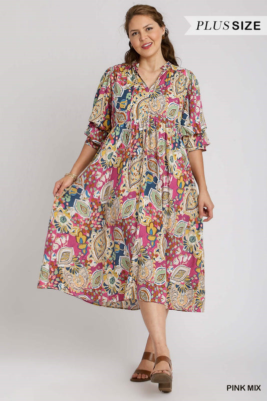 Umgee Plus Paisley Print Tiered A-Line Tie Puff Sleeves Midi Dress