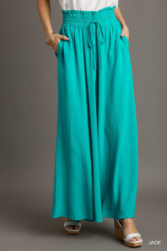 Umgee Elastic Waisted Palazzo Tie Strap Wide Leg Pants