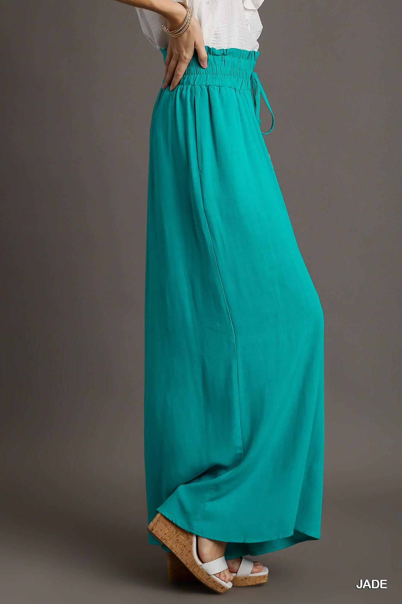 Umgee Elastic Waisted Palazzo Tie Strap Wide Leg Pants