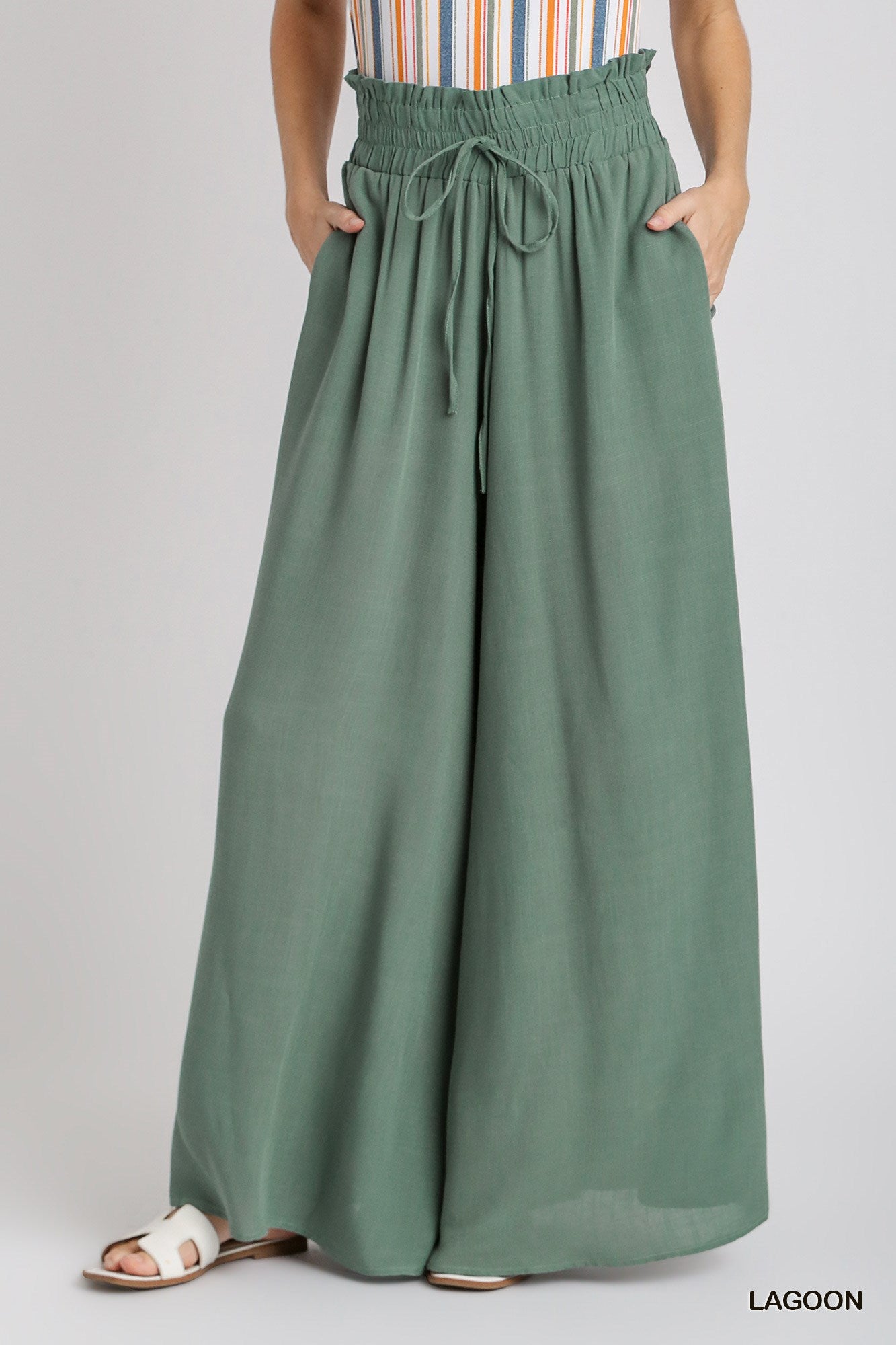 Umgee Elastic Waisted Palazzo Tie Strap Wide Leg Pants