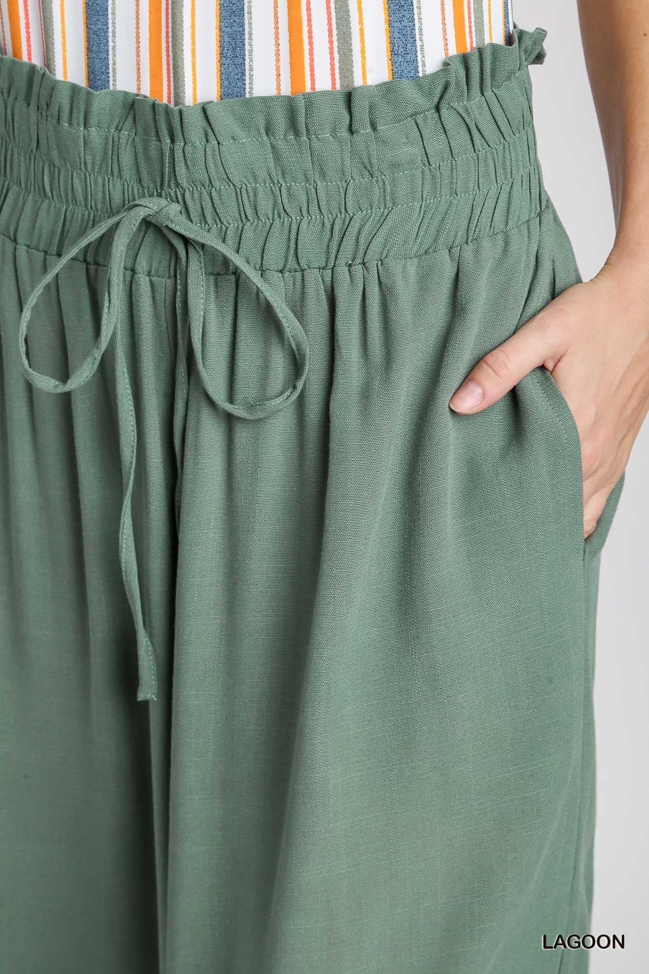 Umgee Elastic Waisted Palazzo Tie Strap Wide Leg Pants