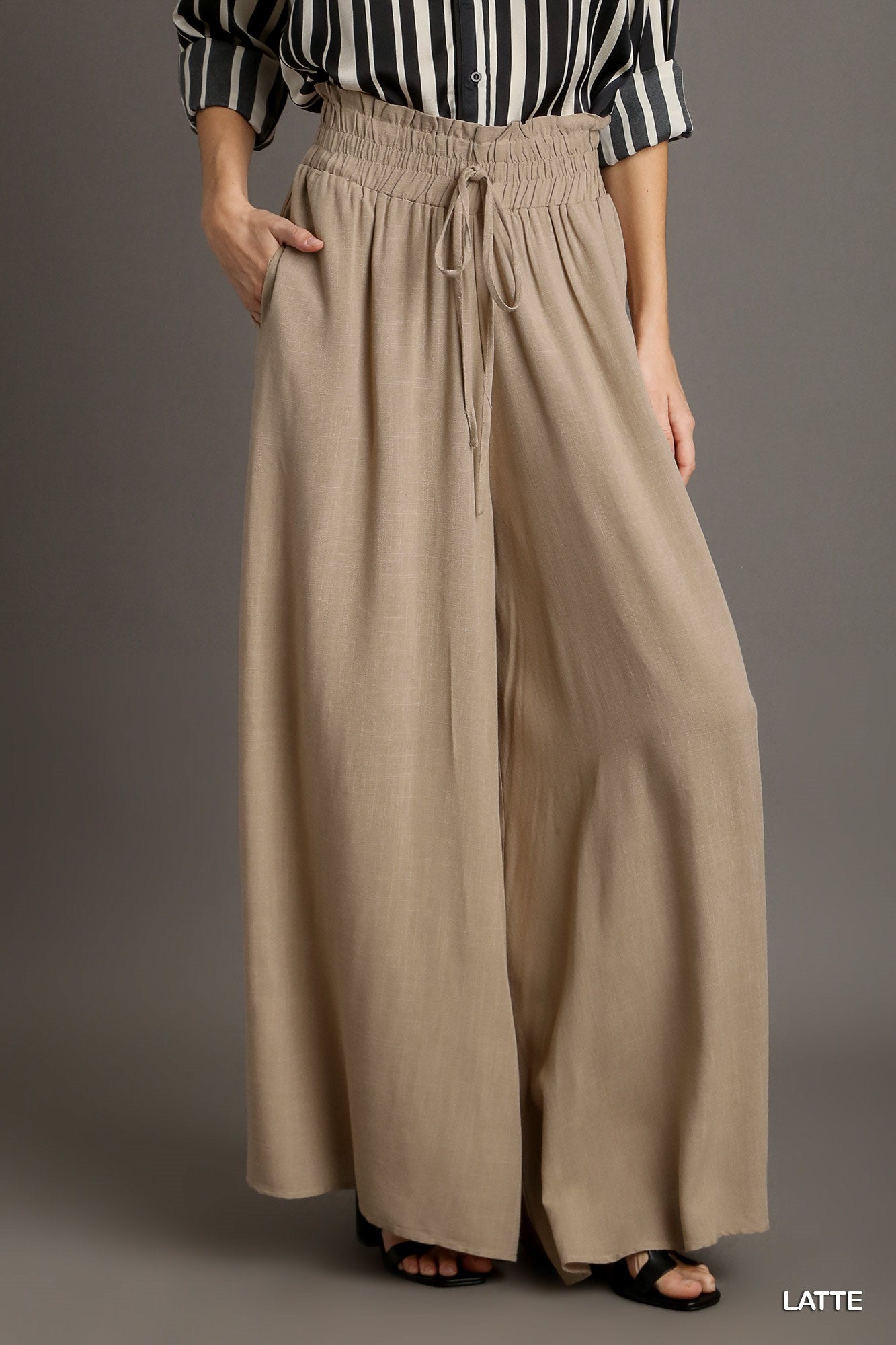 Umgee Elastic Waisted Palazzo Tie Strap Wide Leg Pants