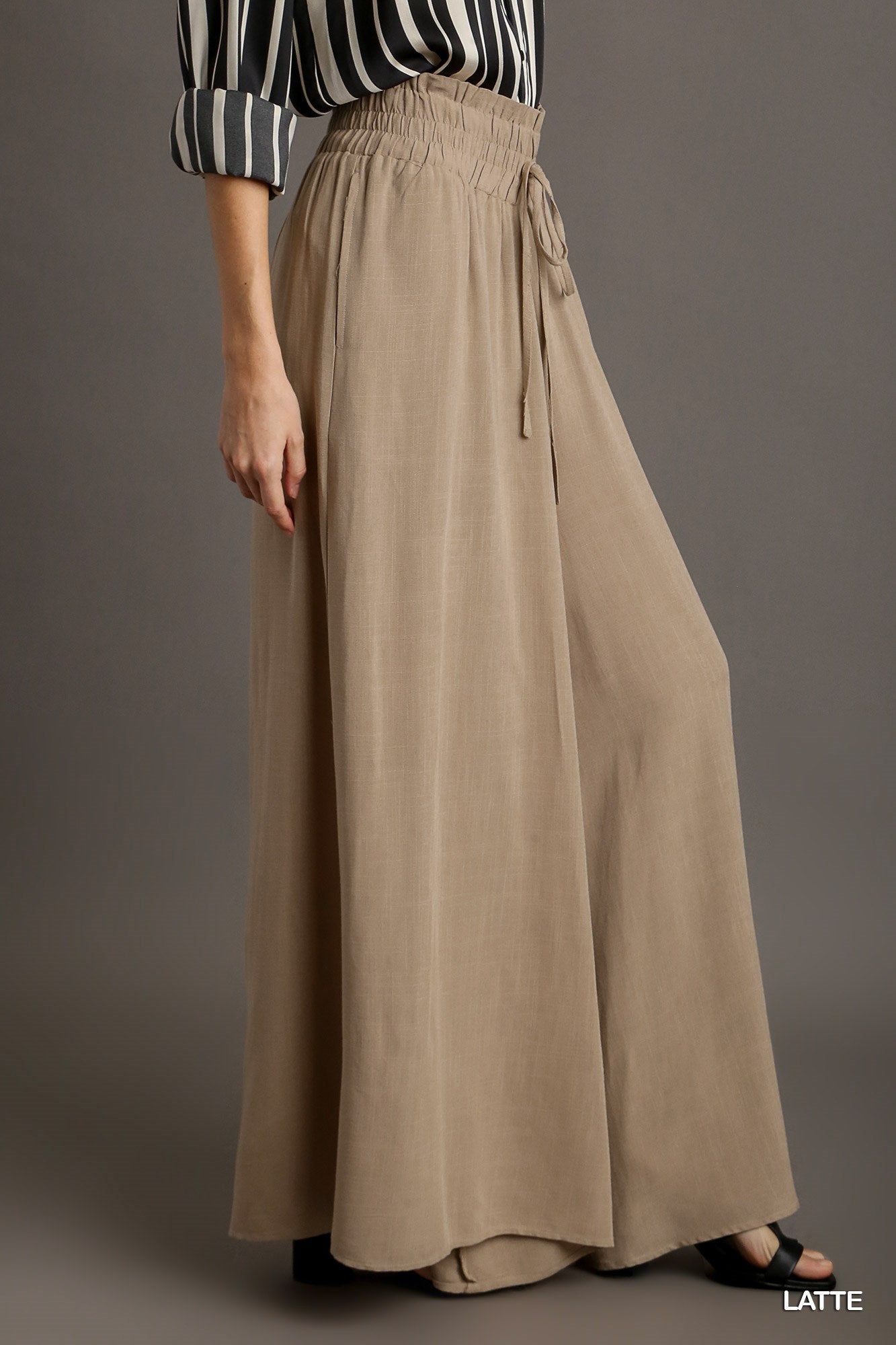 Umgee Elastic Waisted Palazzo Tie Strap Wide Leg Pants