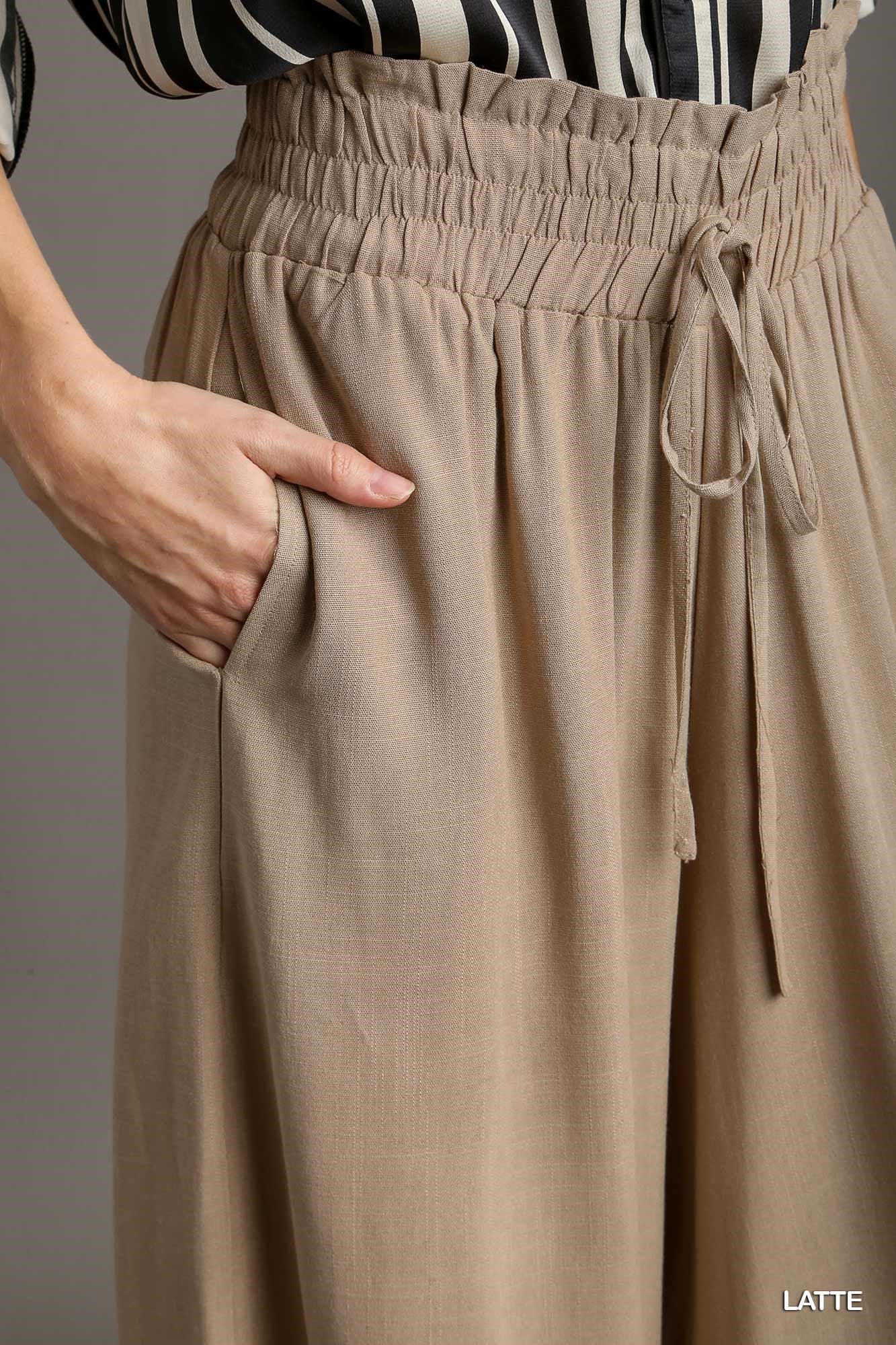 Umgee Elastic Waisted Palazzo Tie Strap Wide Leg Pants