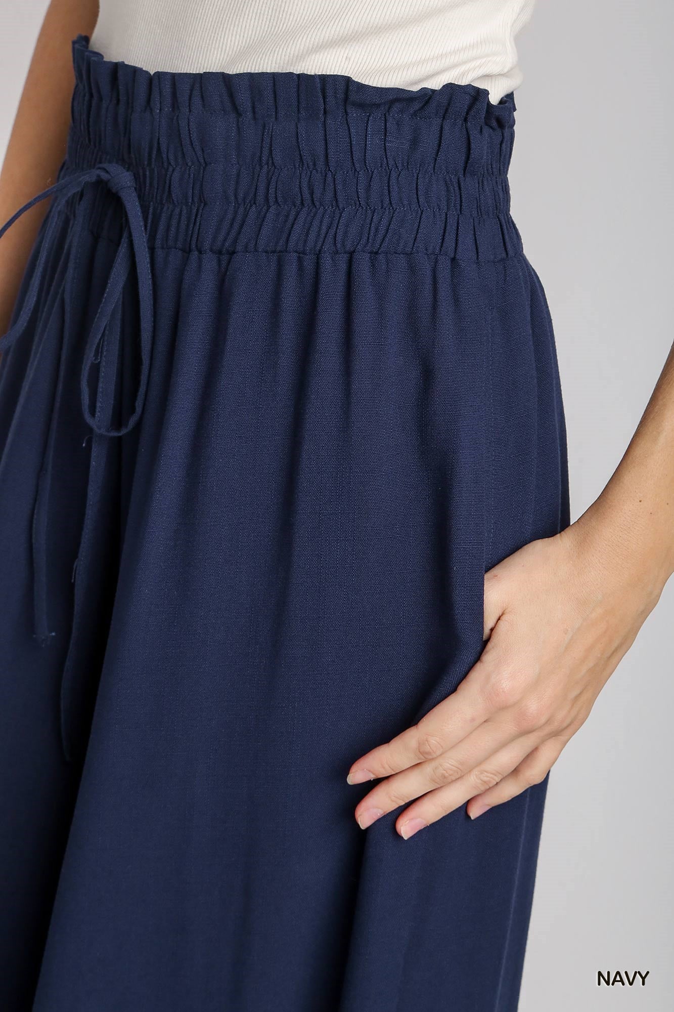 Umgee Elastic Waisted Palazzo Tie Strap Wide Leg Pants