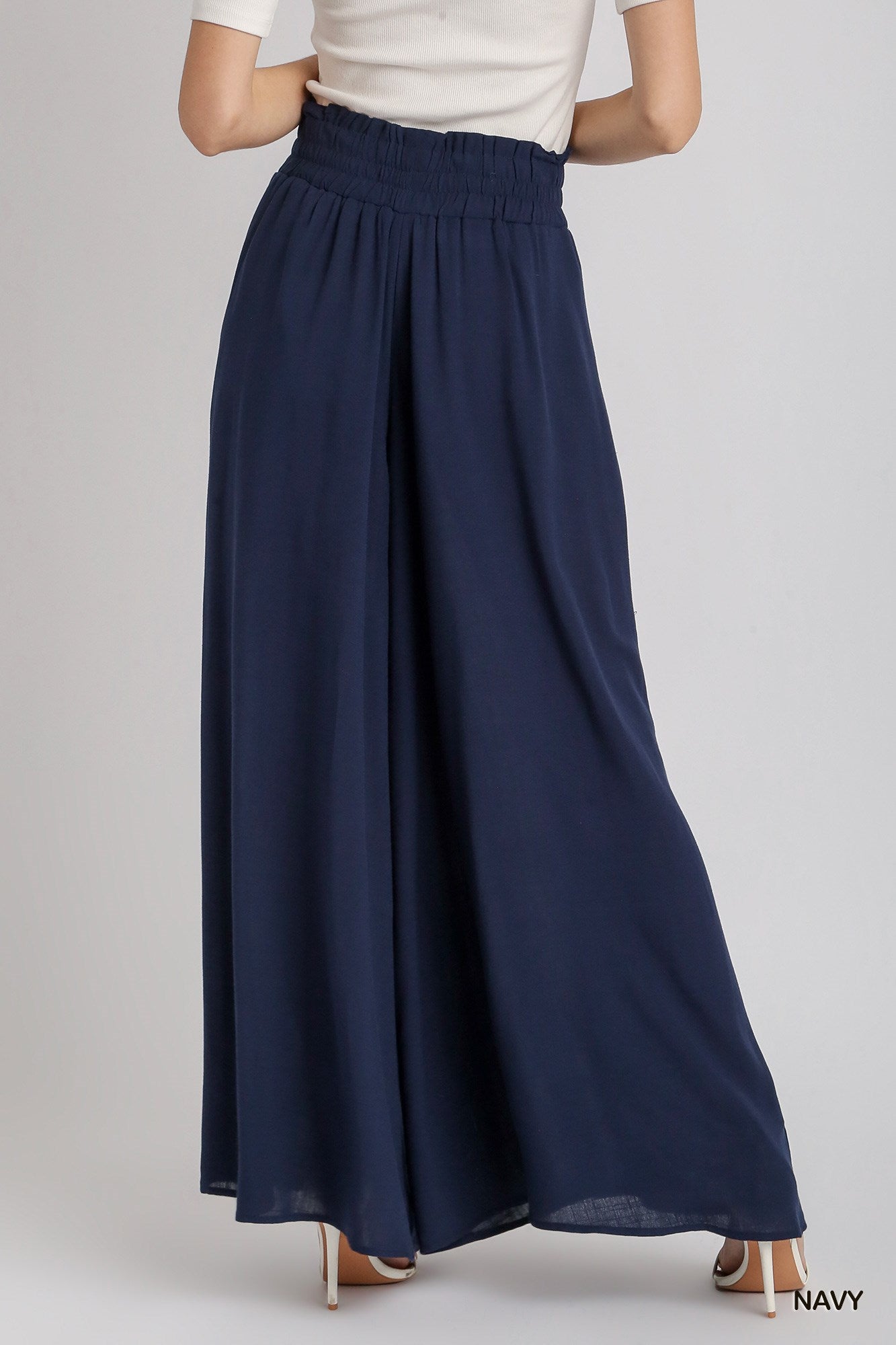 Umgee Elastic Waisted Palazzo Tie Strap Wide Leg Pants