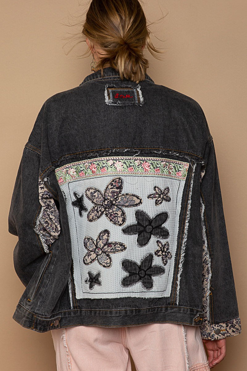 POL Lace Floral Patch Work Button Down Collared Denim Jacket