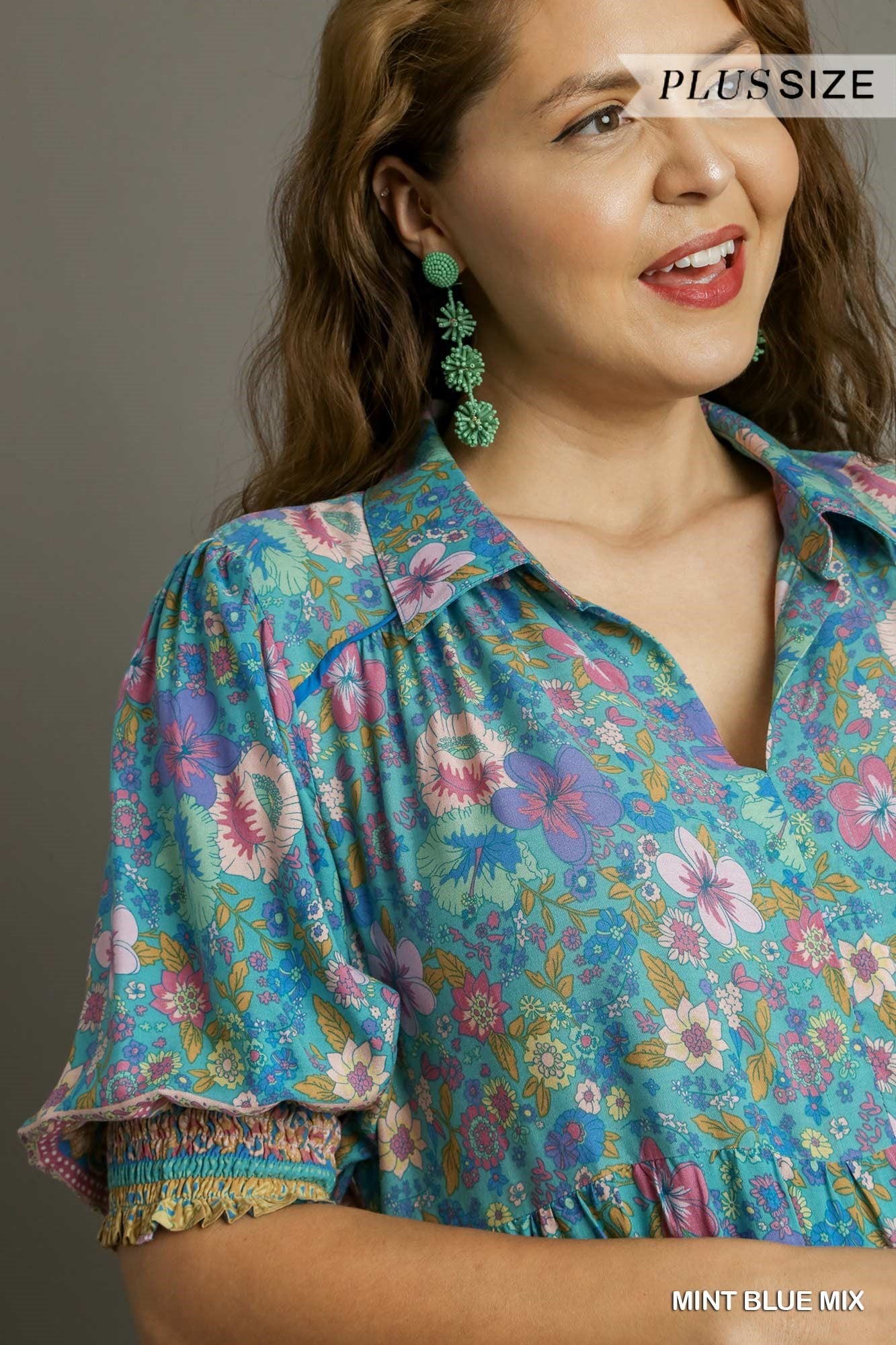 Umgee Plus Mixed Print Collared Cuffed Smocked Sleeves Short Dress