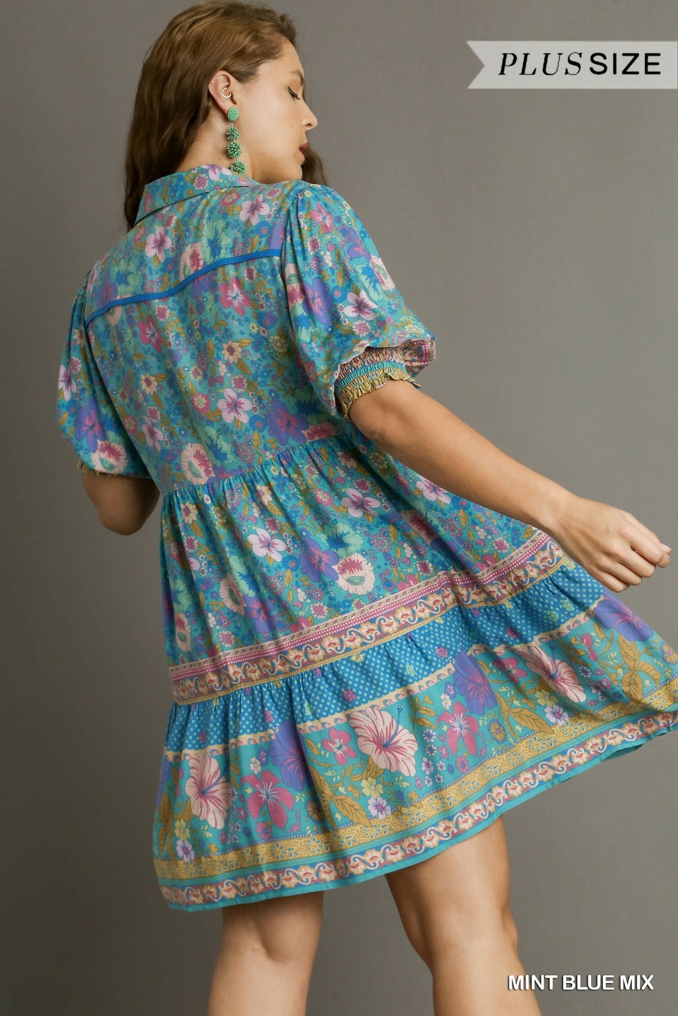 Umgee Plus Mixed Print Collared Cuffed Smocked Sleeves Short Dress