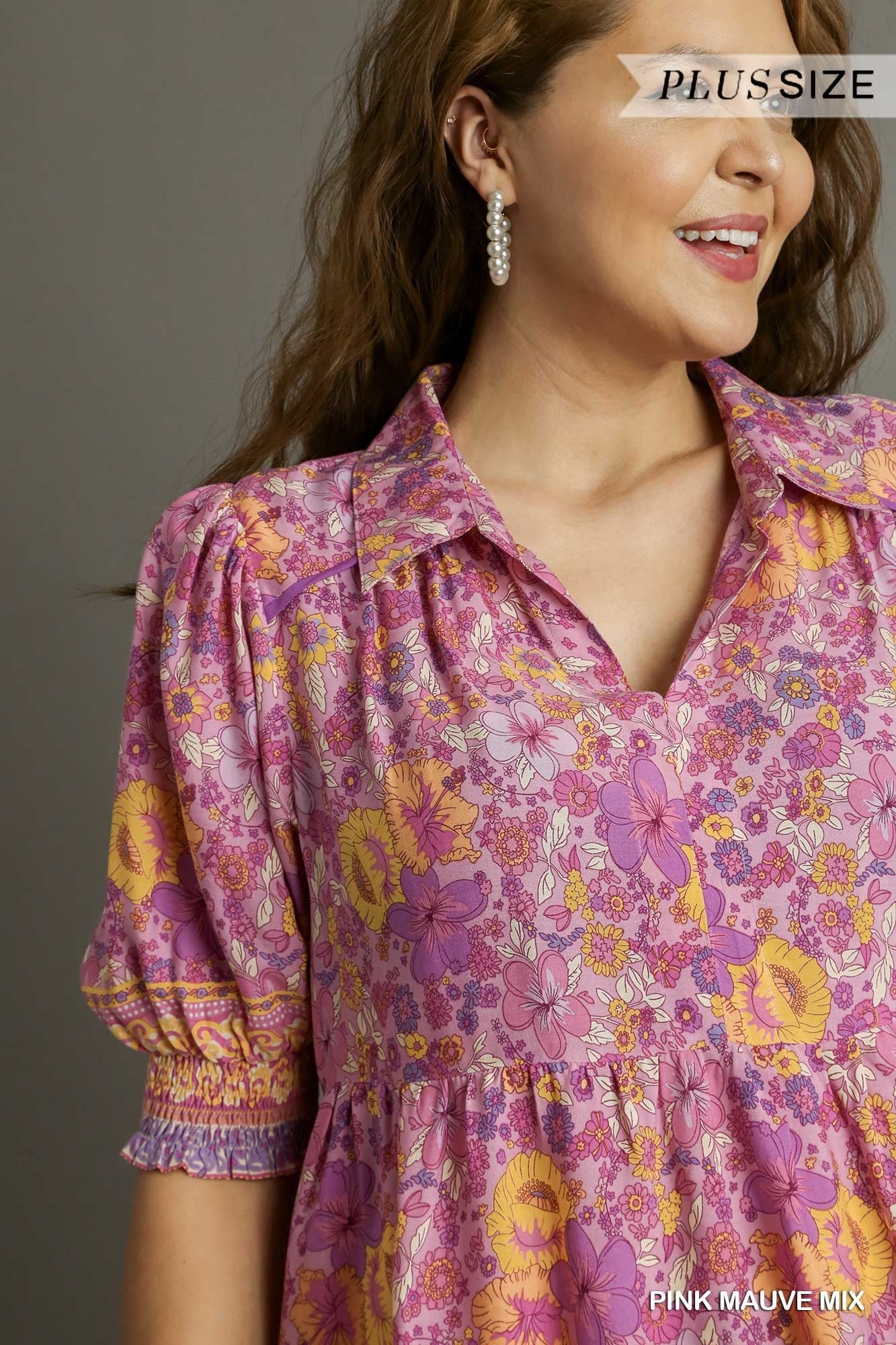 Umgee Plus Mixed Print Collared Cuffed Smocked Sleeves Short Dress