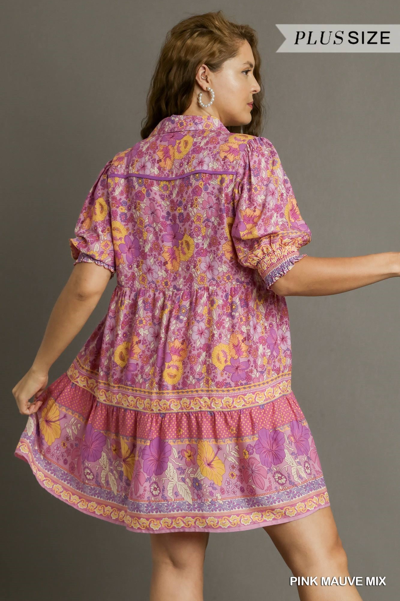 Umgee Plus Mixed Print Collared Cuffed Smocked Sleeves Short Dress