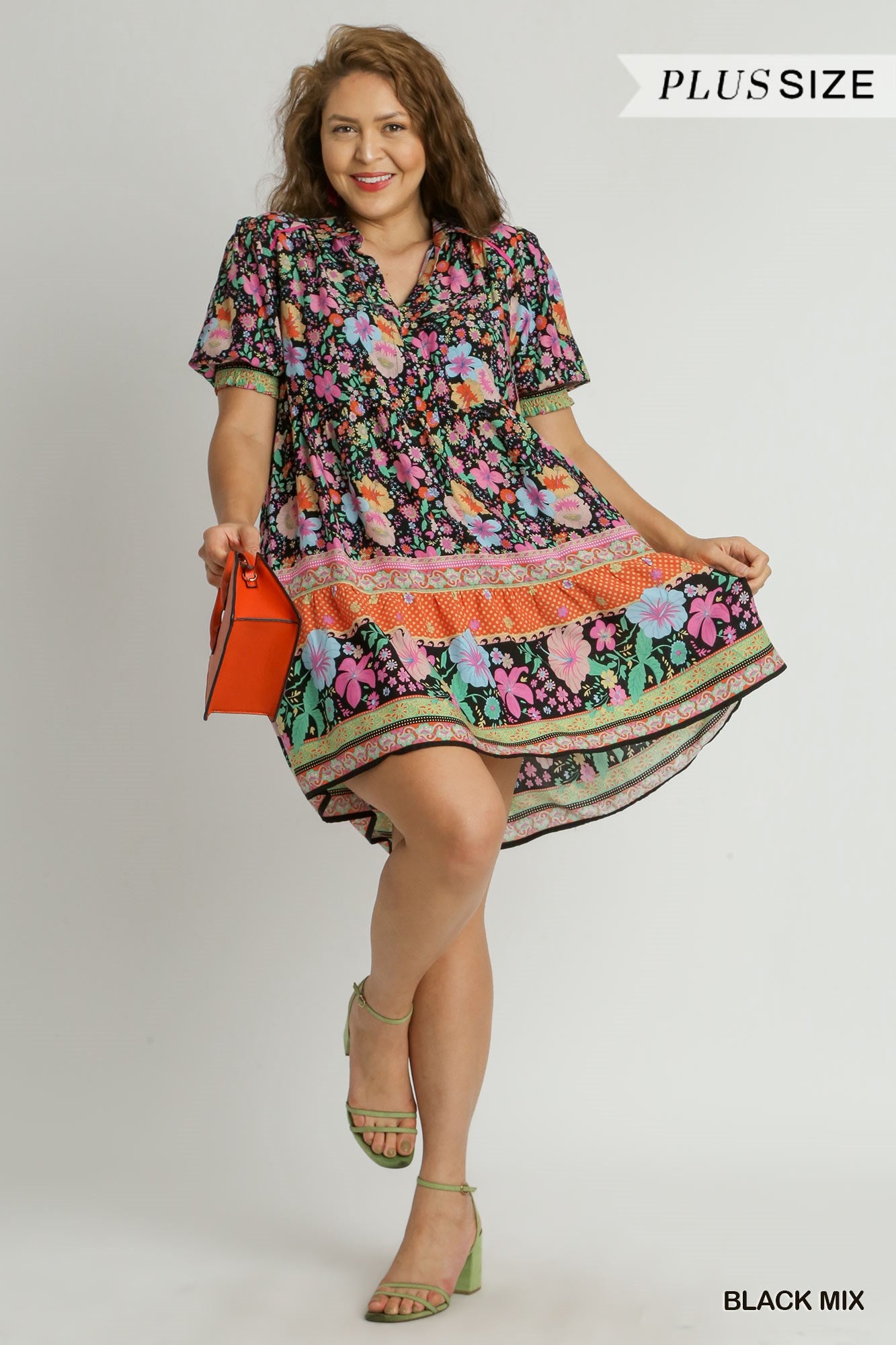 Umgee Plus Mixed Print Collared Cuffed Smocked Sleeves Short Dress