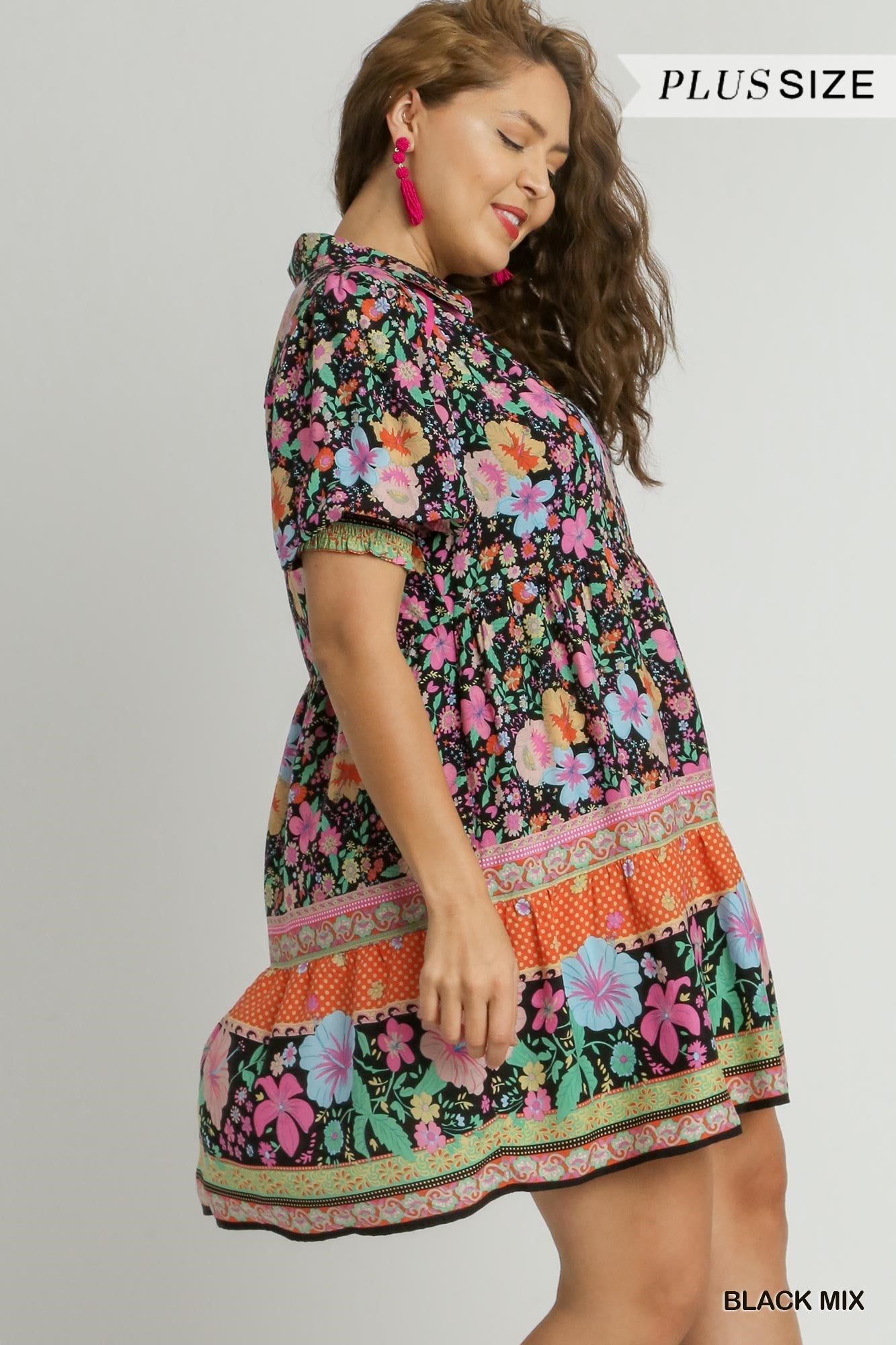 Umgee Plus Mixed Print Collared Cuffed Smocked Sleeves Short Dress