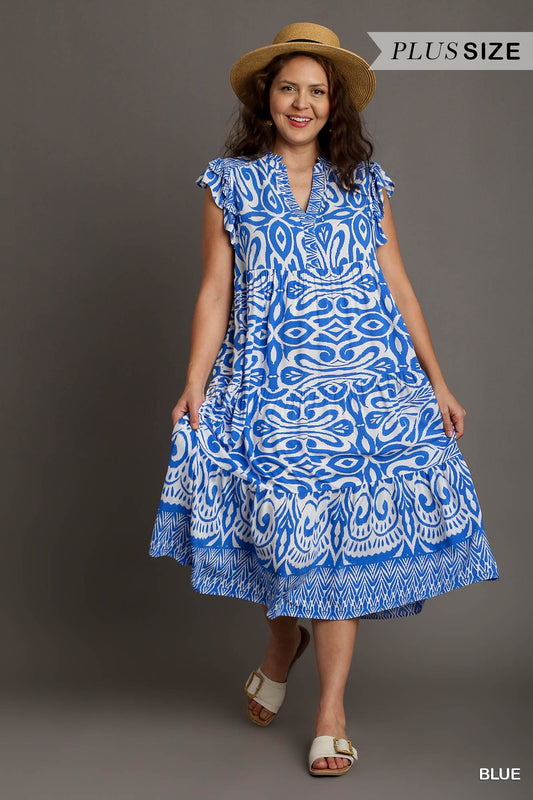 Umgee Plus Boarder Print A-Line V-Neck Tiered Ruffle Sleeves Midi Dress