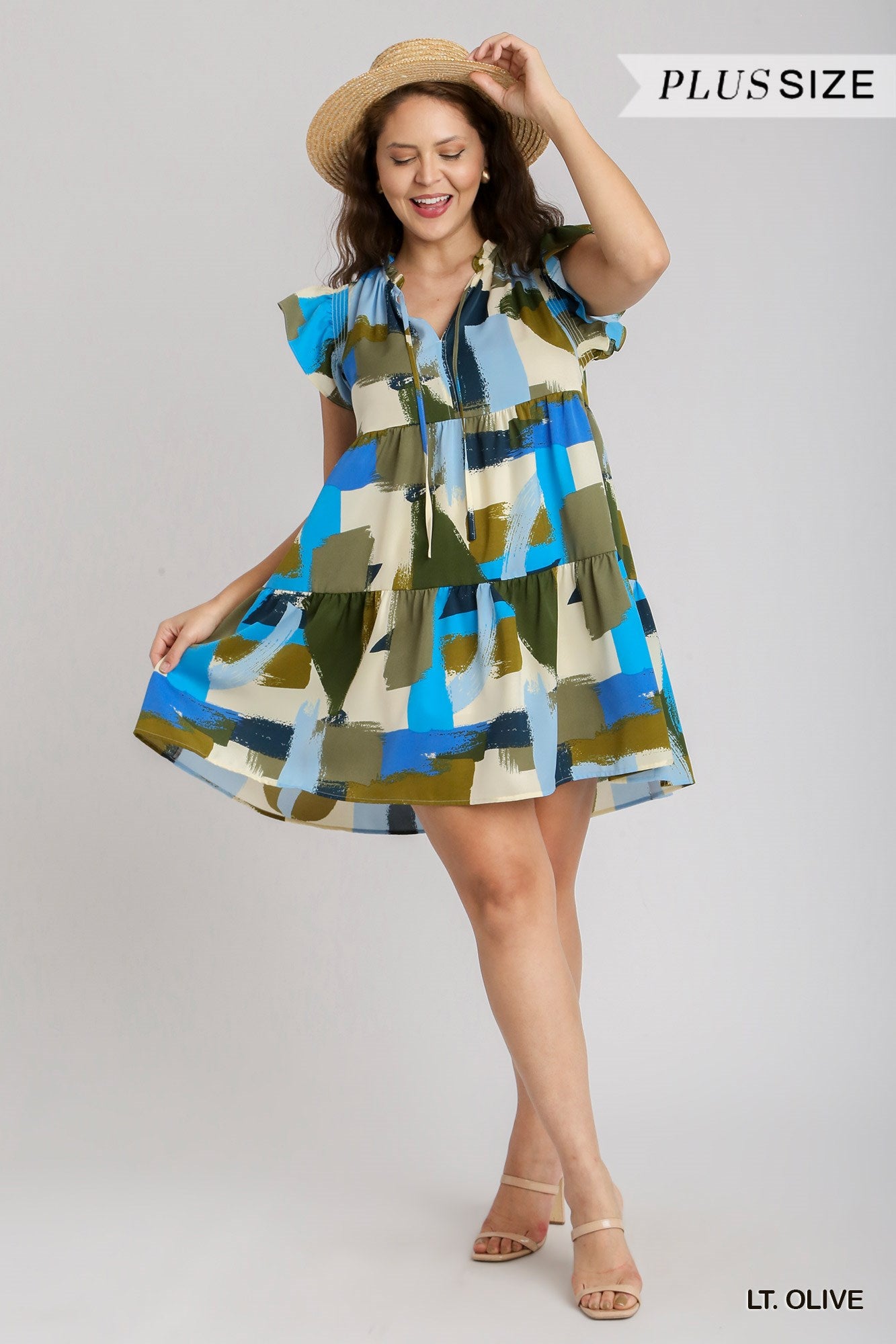Umgee Plus Brushstroke Print Smocked Flutter Sleeve Ruffle V-Neck Dress