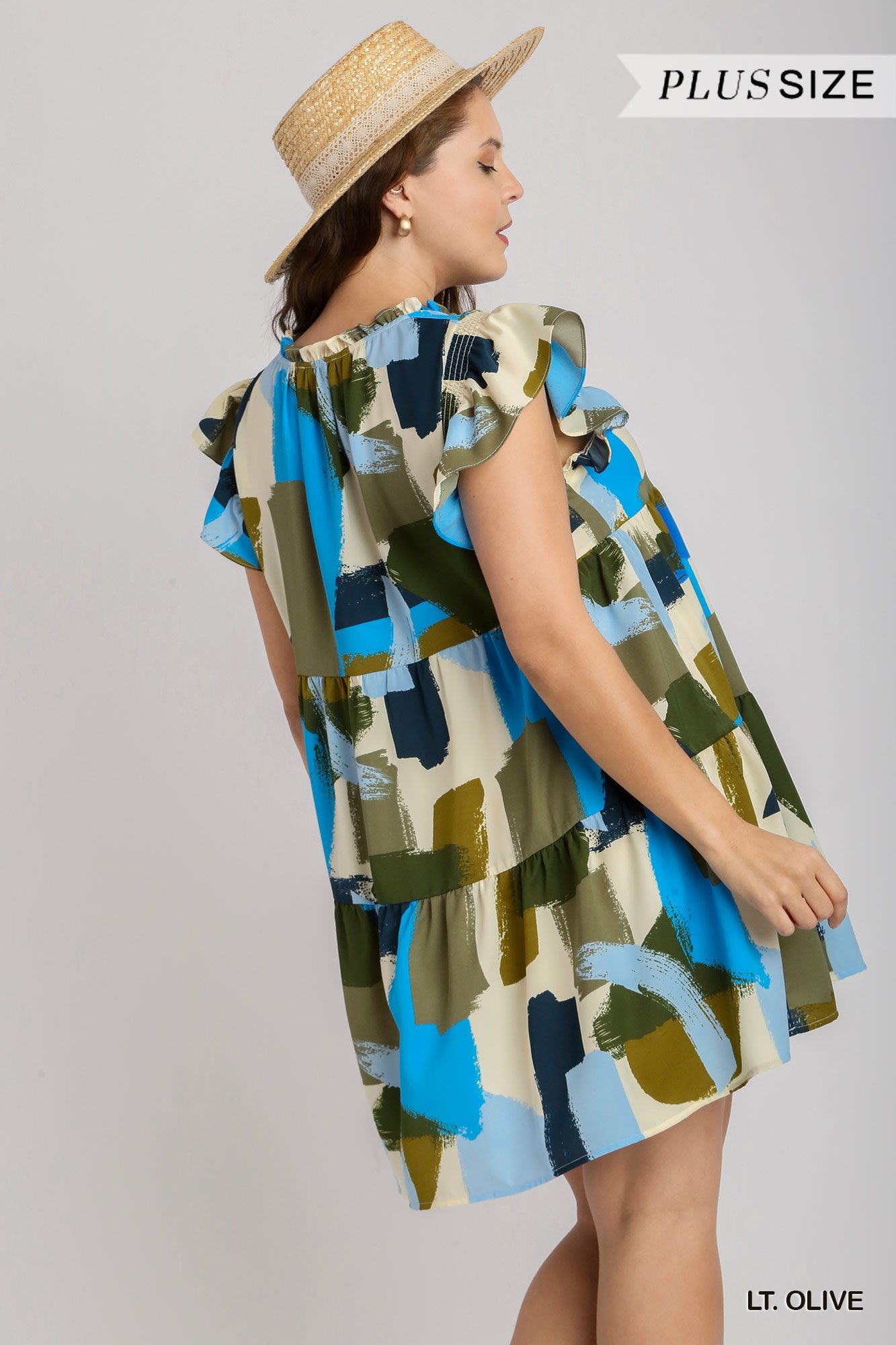 Umgee Plus Brushstroke Print Smocked Flutter Sleeve Ruffle V-Neck Dress