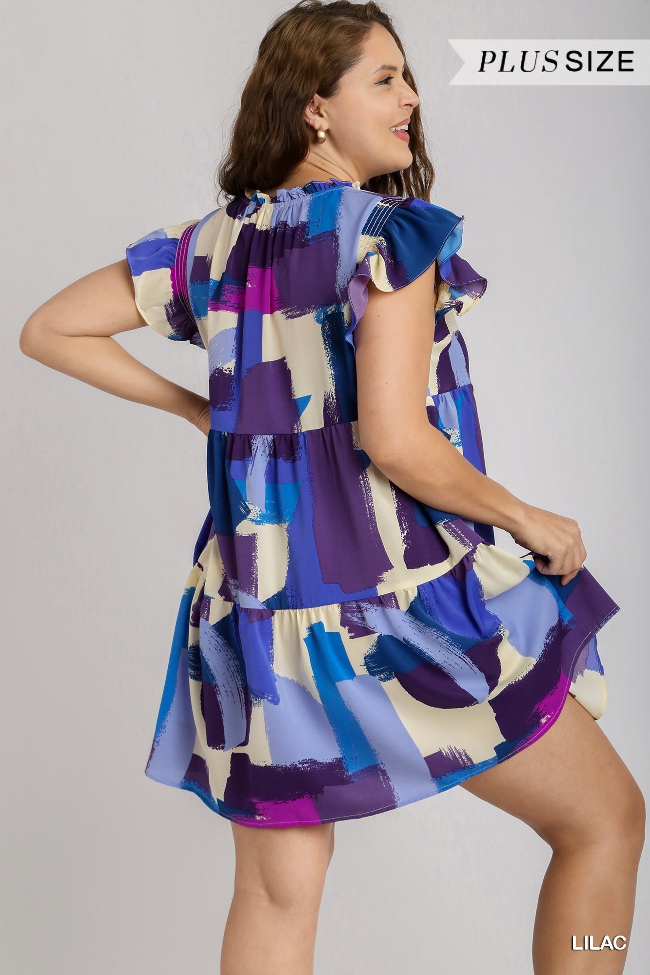 Umgee Plus Brushstroke Print Smocked Flutter Sleeve Ruffle V-Neck Dress