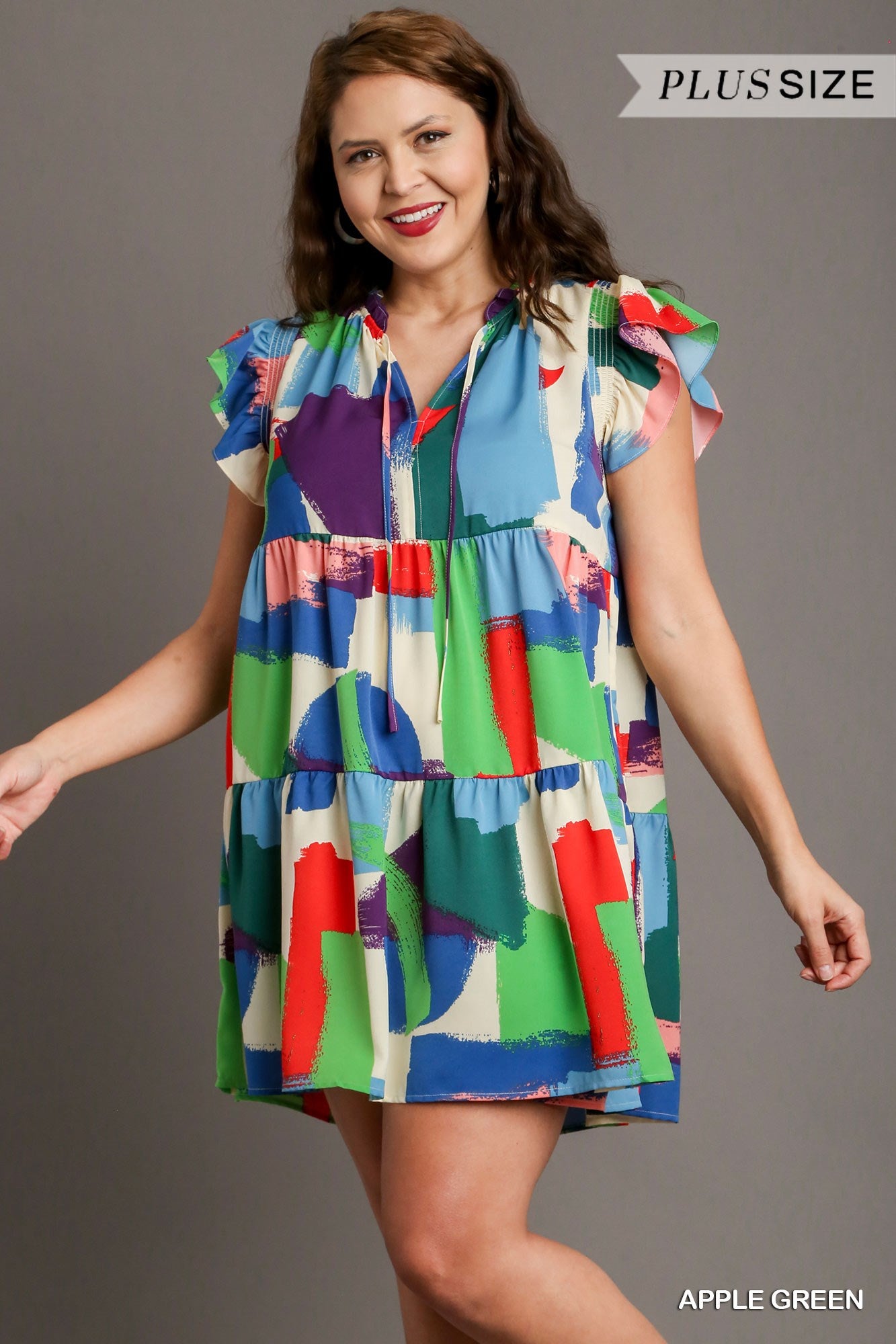 Umgee Plus Brushstroke Print Smocked Flutter Sleeve Ruffle V-Neck Dress