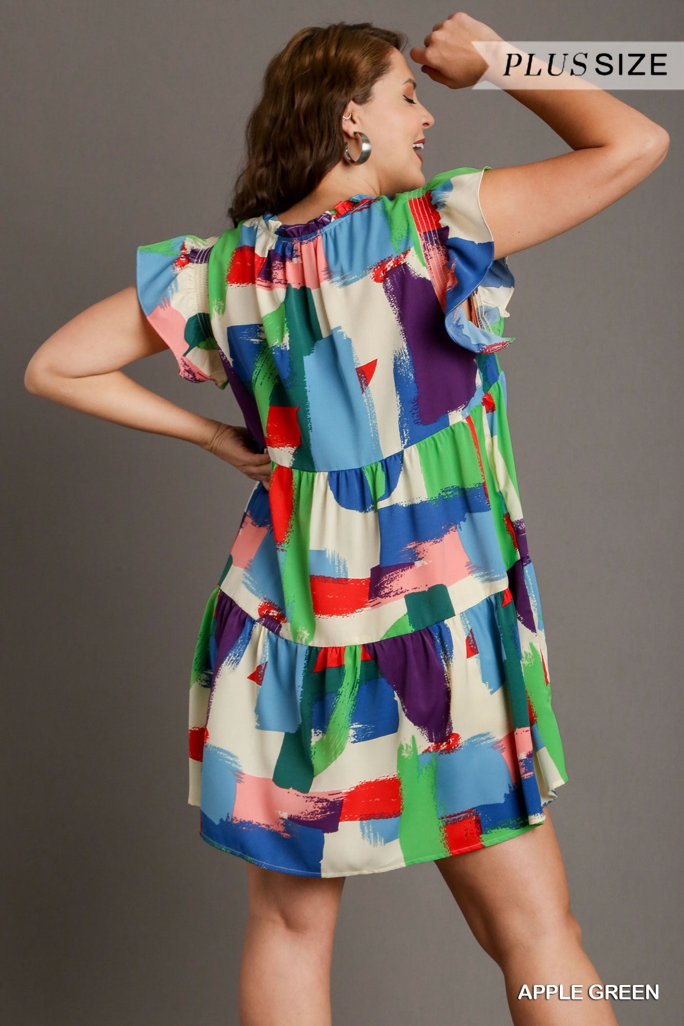 Umgee Plus Brushstroke Print Smocked Flutter Sleeve Ruffle V-Neck Dress