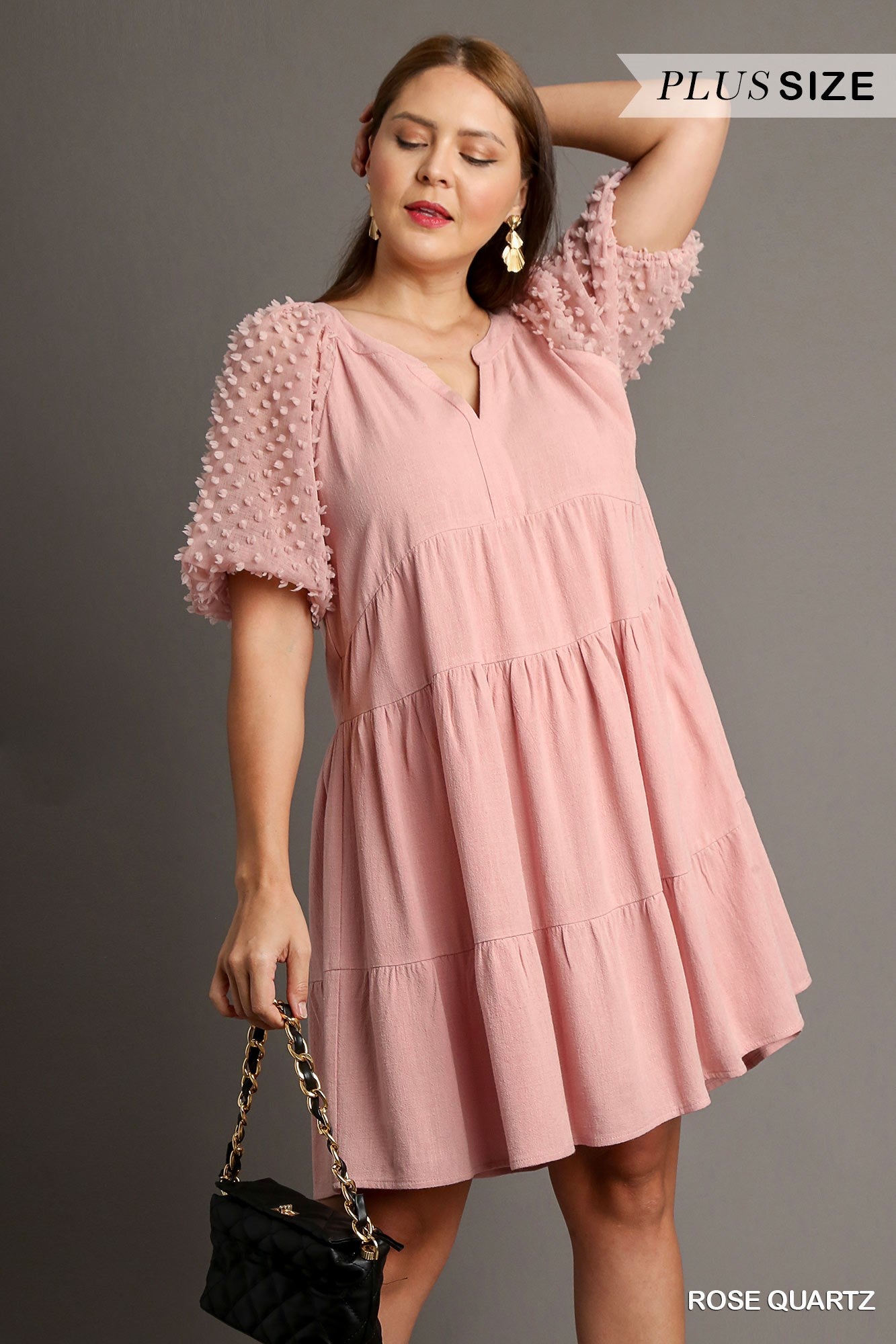 Umgee Plus Floral Applique Linen Tiered A-Line Split Neck Dress