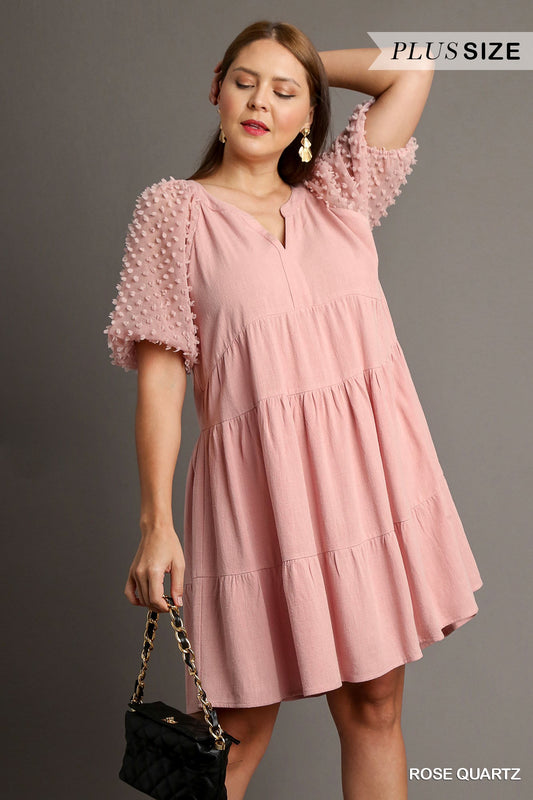 Umgee Plus Floral Applique Linen Tiered A-Line Split Neck Dress