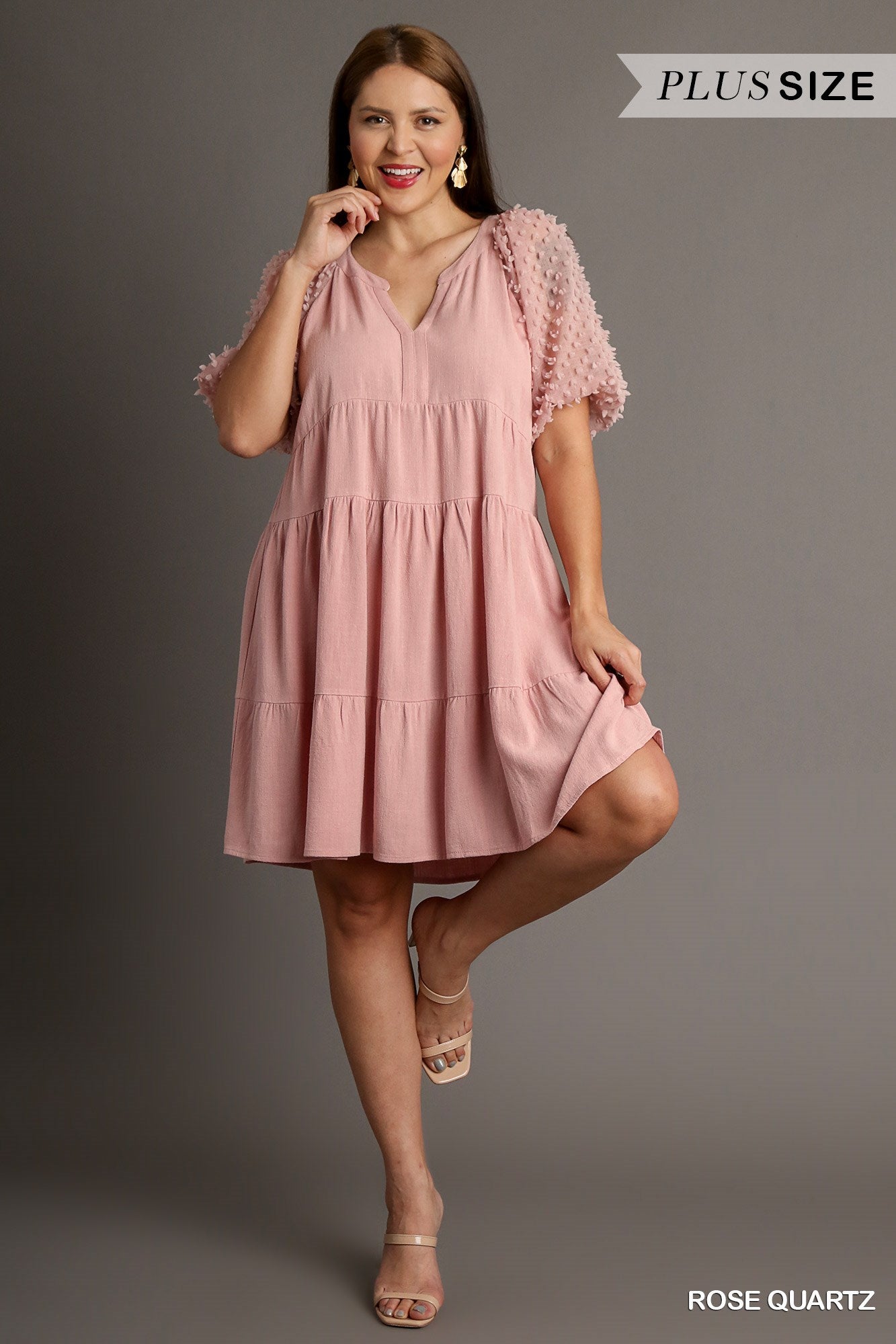 Umgee Plus Floral Applique Linen Tiered A-Line Split Neck Dress