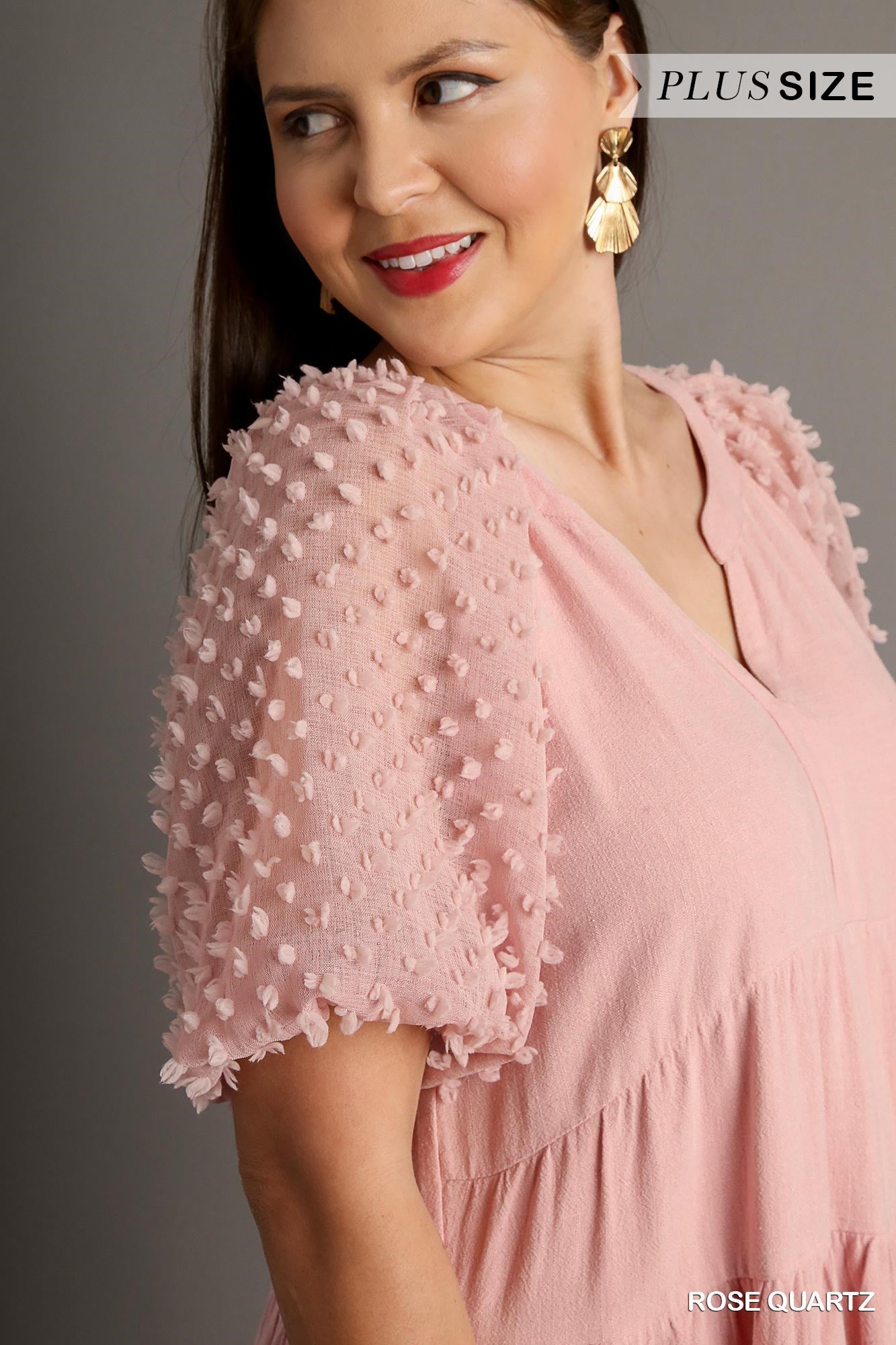 Umgee Plus Floral Applique Linen Tiered A-Line Split Neck Dress