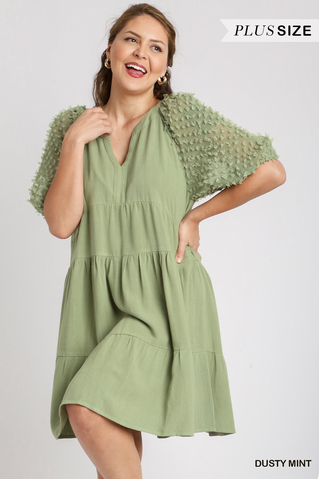 Umgee Plus Floral Applique Linen Tiered A-Line Split Neck Dress