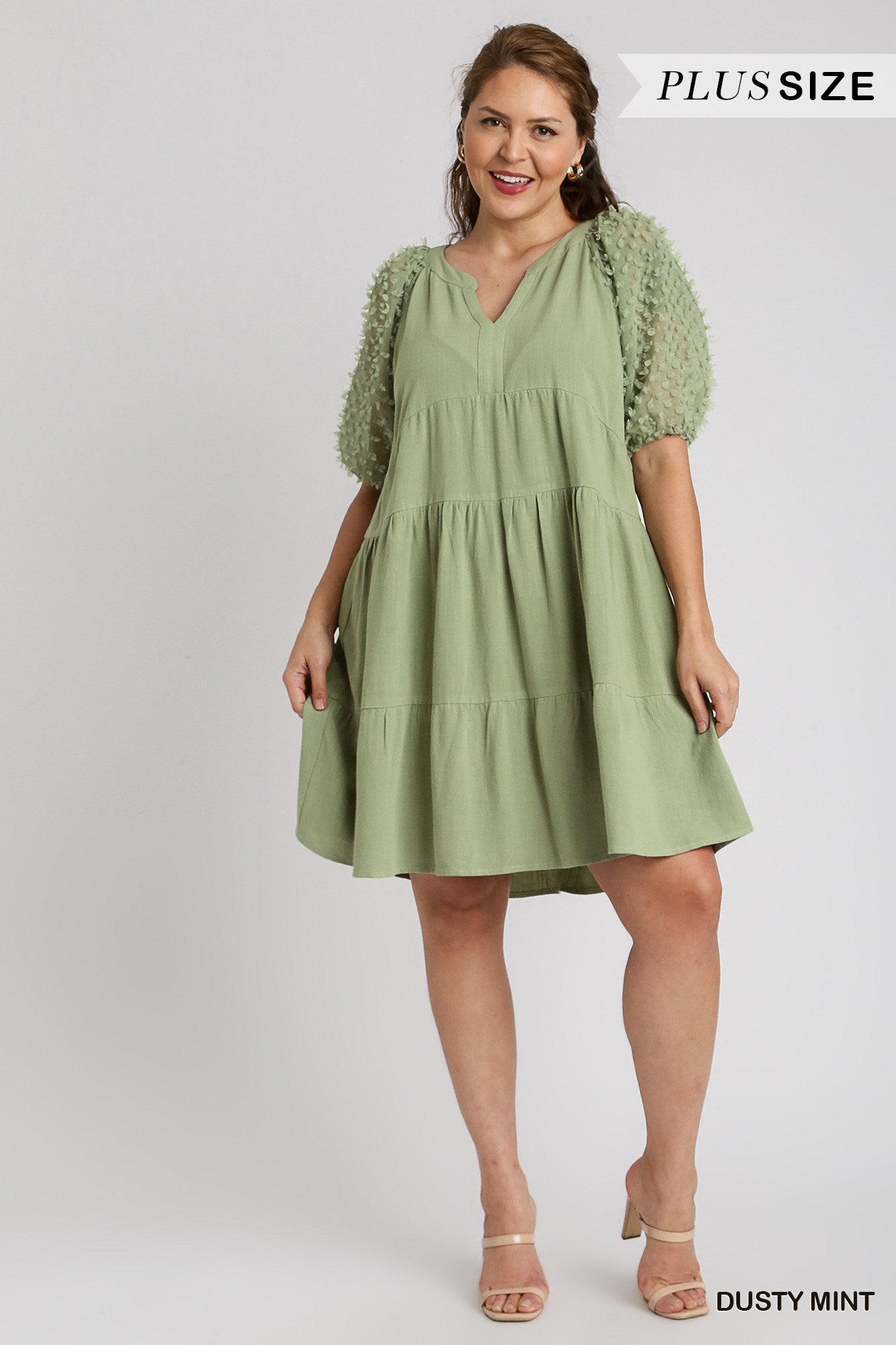 Umgee Plus Floral Applique Linen Tiered A-Line Split Neck Dress