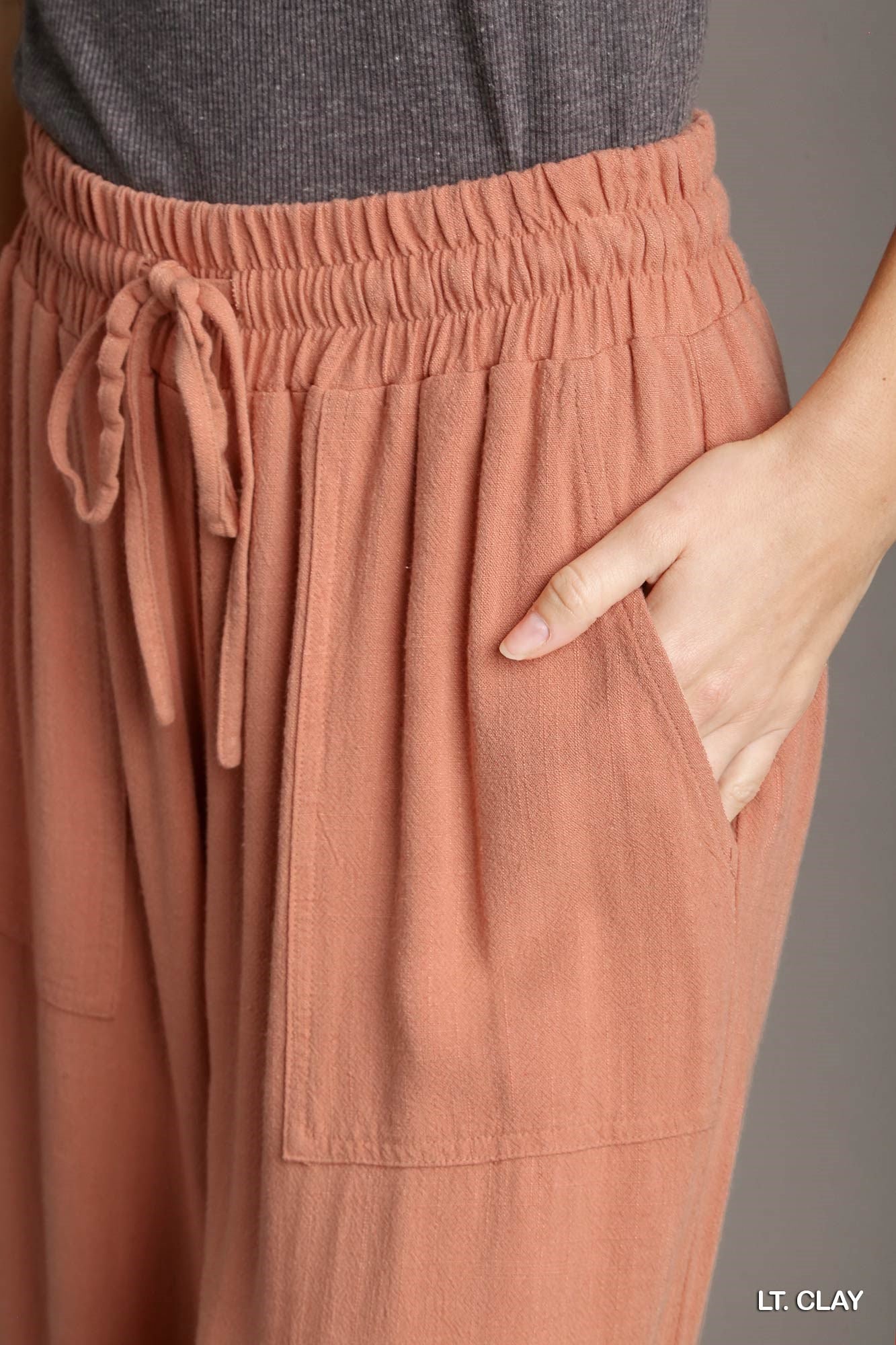 Umgee Linen Elastic Wide Leg Front Tie Frayed Hem Front Tie Pants