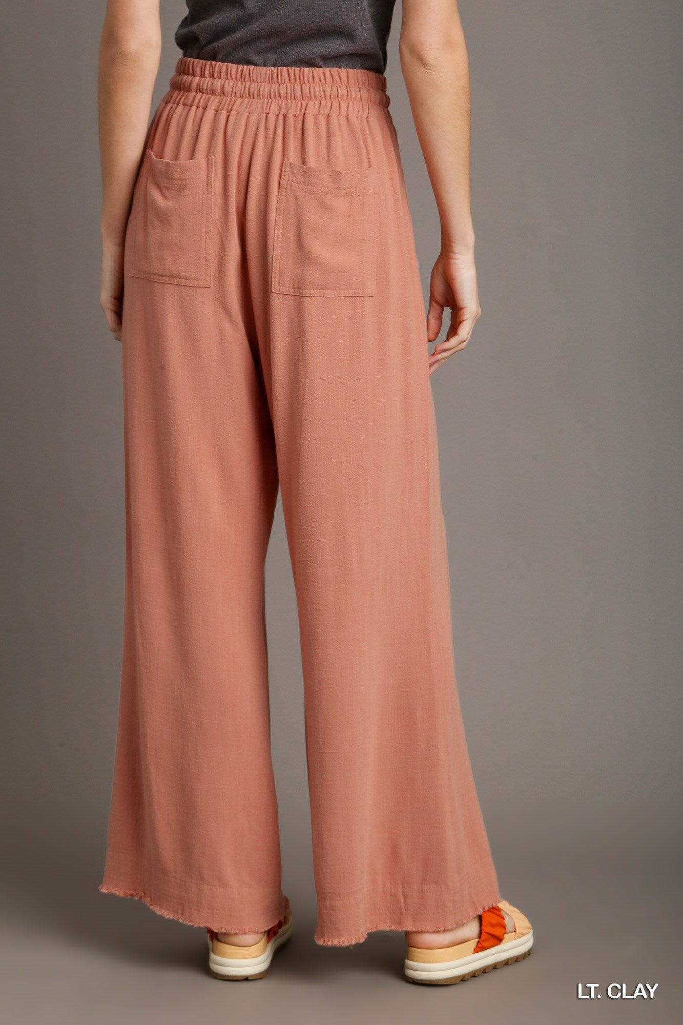Umgee Linen Elastic Wide Leg Front Tie Frayed Hem Front Tie Pants