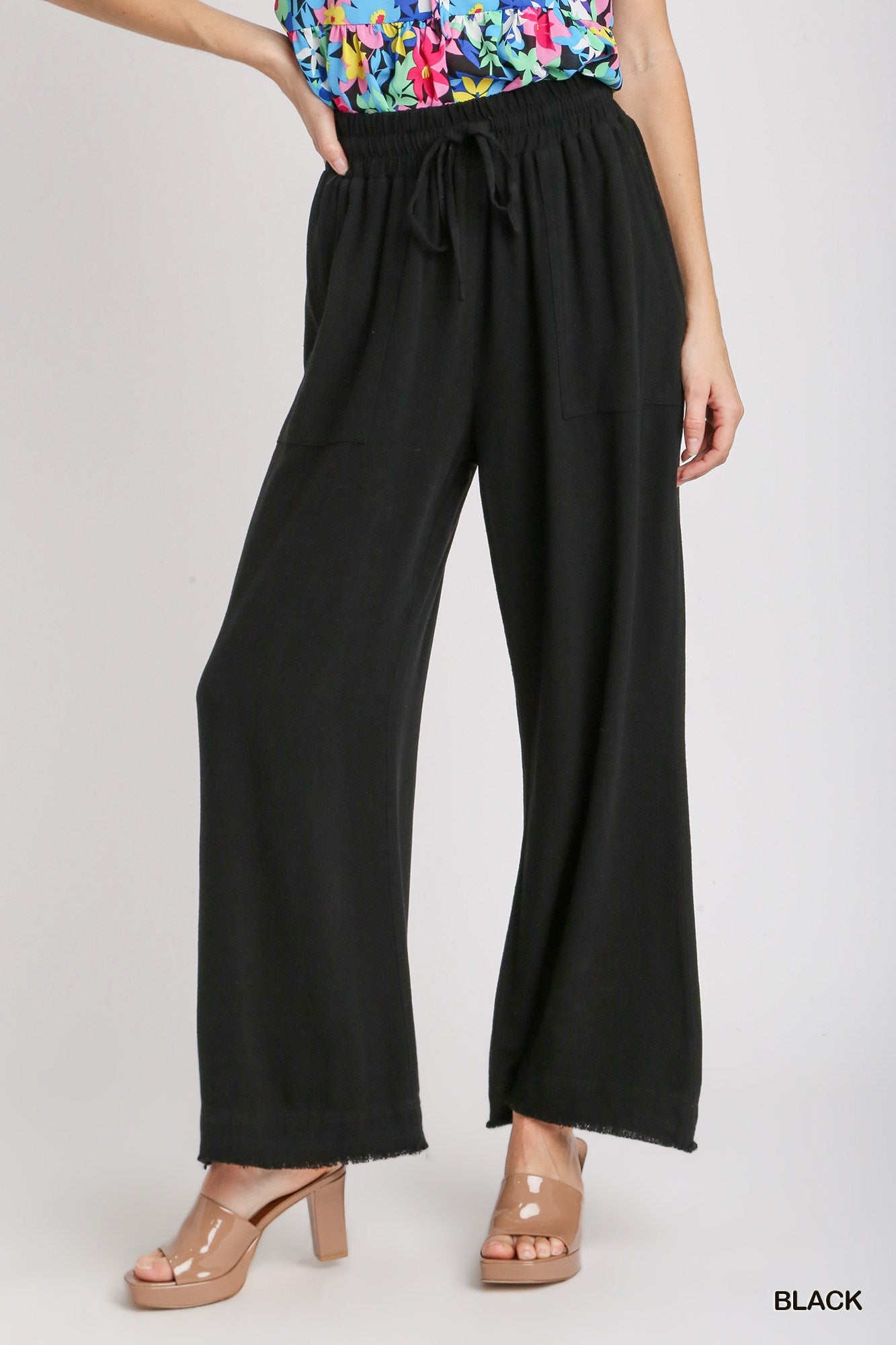 Umgee Linen Elastic Wide Leg Front Tie Frayed Hem Front Tie Pants