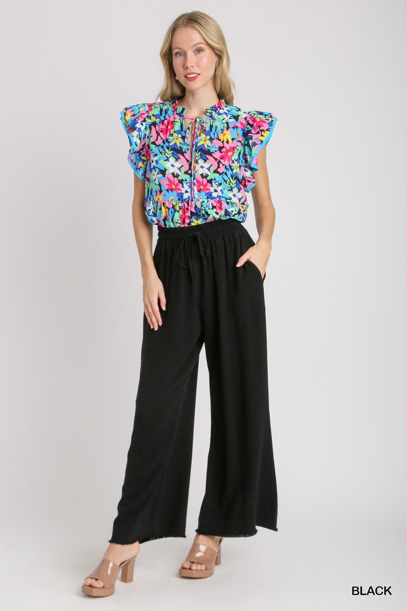 Umgee Linen Elastic Wide Leg Front Tie Frayed Hem Front Tie Pants